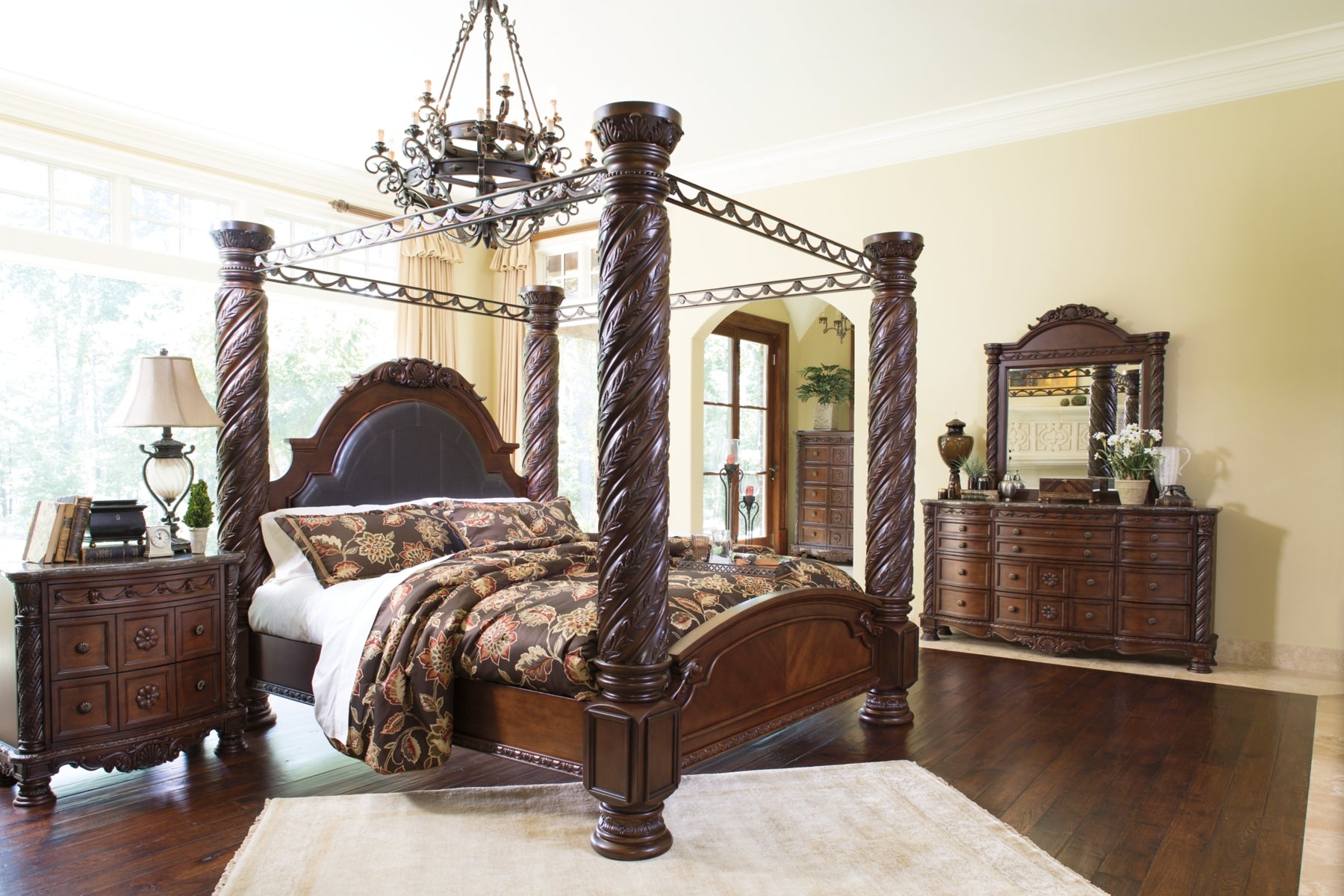 North Shore King Poster Bed with Canopy with Mirrored Dresser, Chest and Nightstand