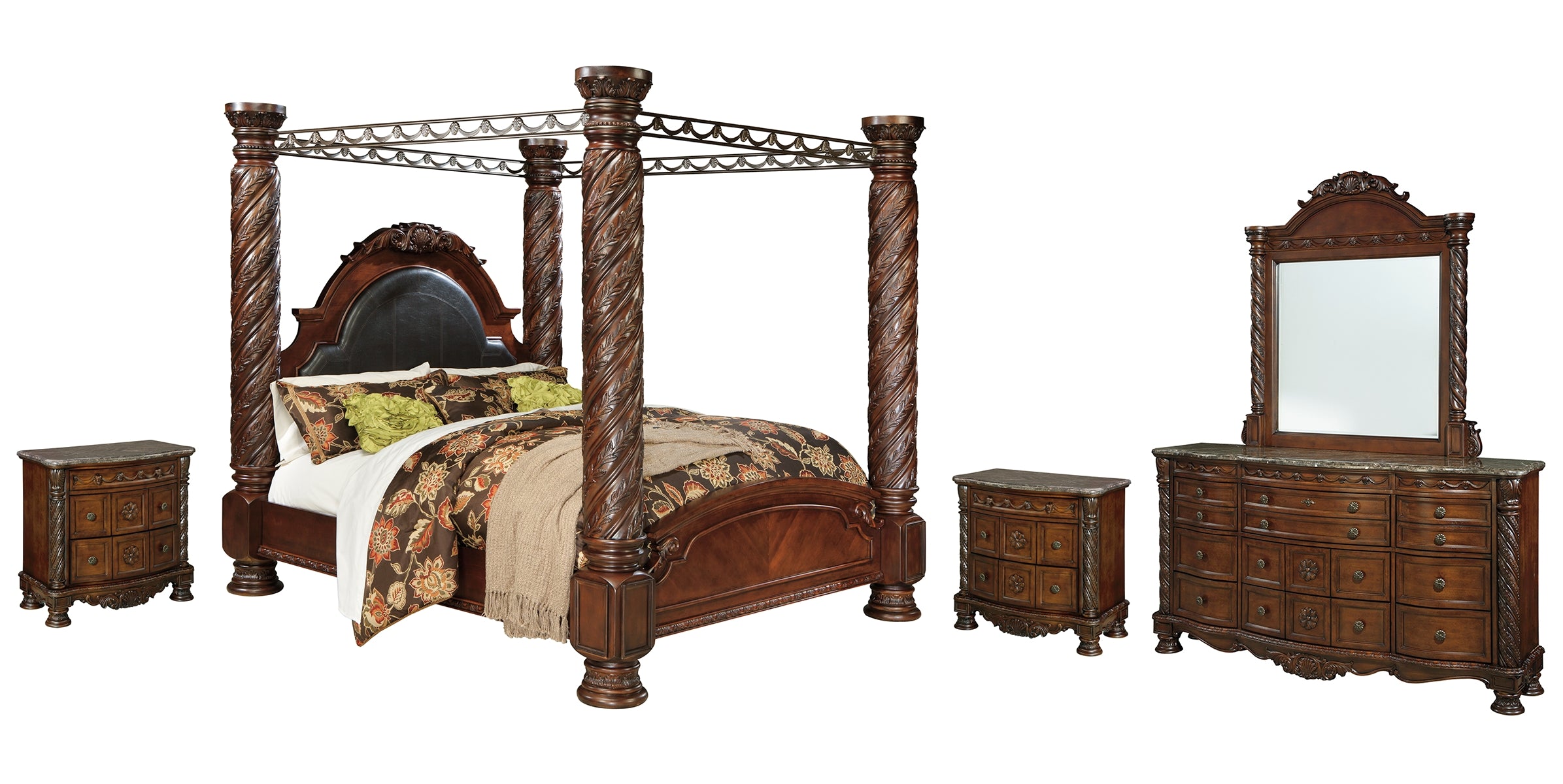 North Shore King Poster Bed with Canopy with Mirrored Dresser and 2 Nightstands