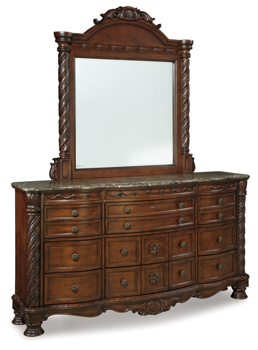 North Shore King Poster Bed with Canopy with Mirrored Dresser and Chest