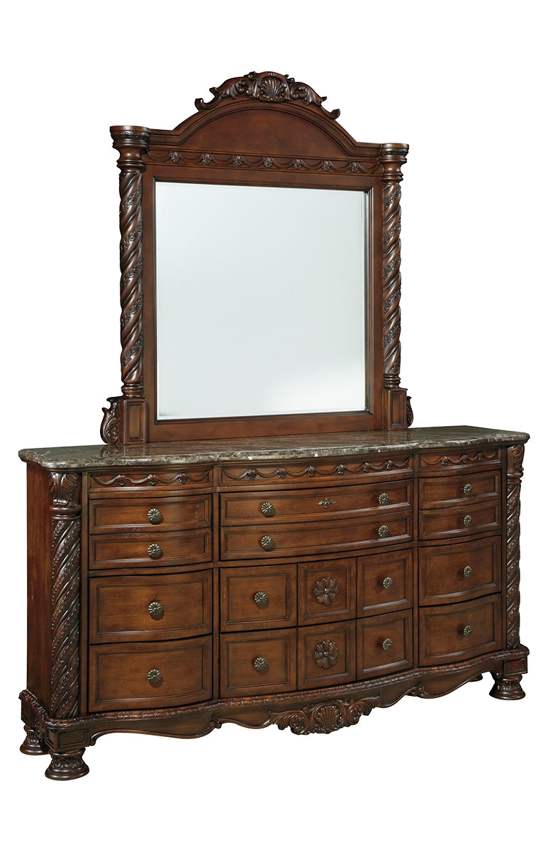 North Shore King Panel Bed with Mirrored Dresser, Chest and 2 Nightstands