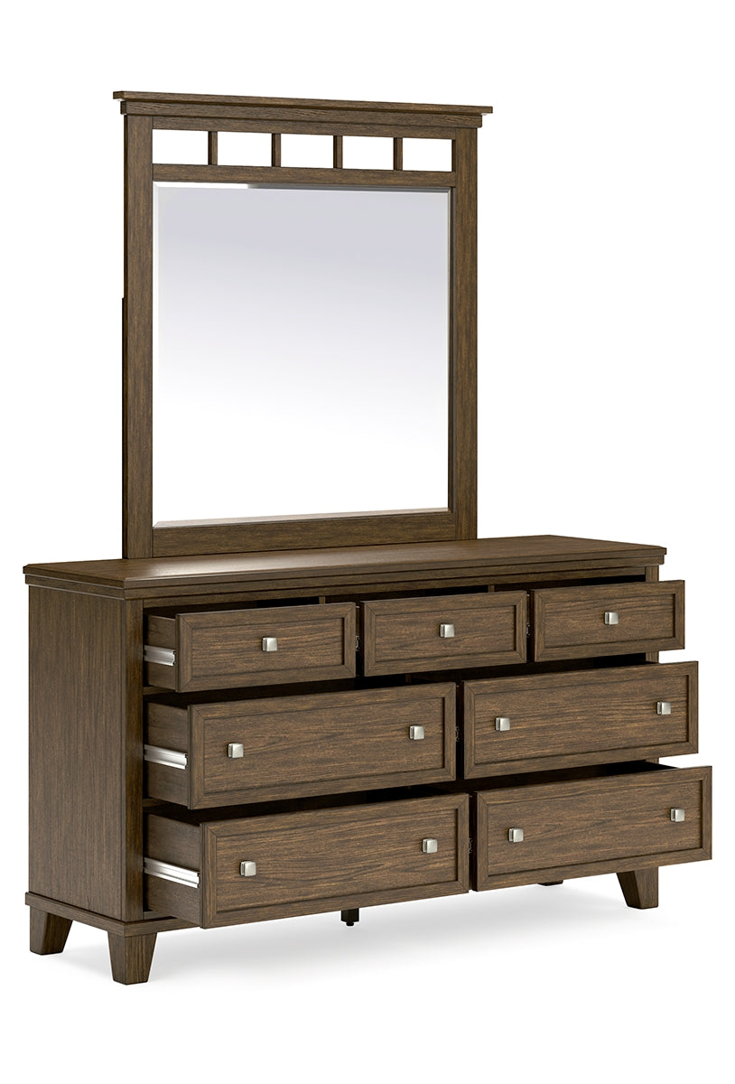 Shawbeck Queen Panel Bed with Mirrored Dresser and Nightstand