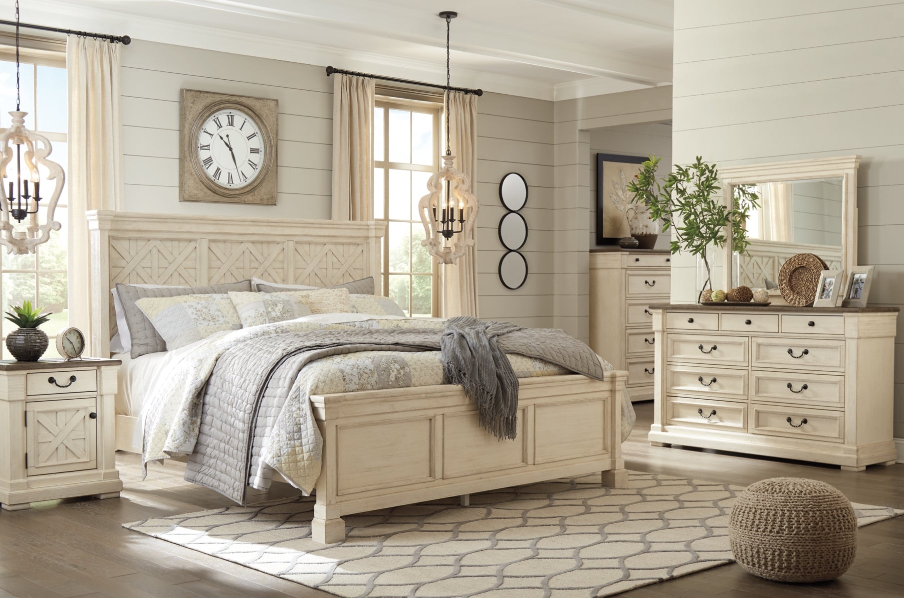 Bolanburg Queen Panel Bed with Mirrored Dresser and Nightstand