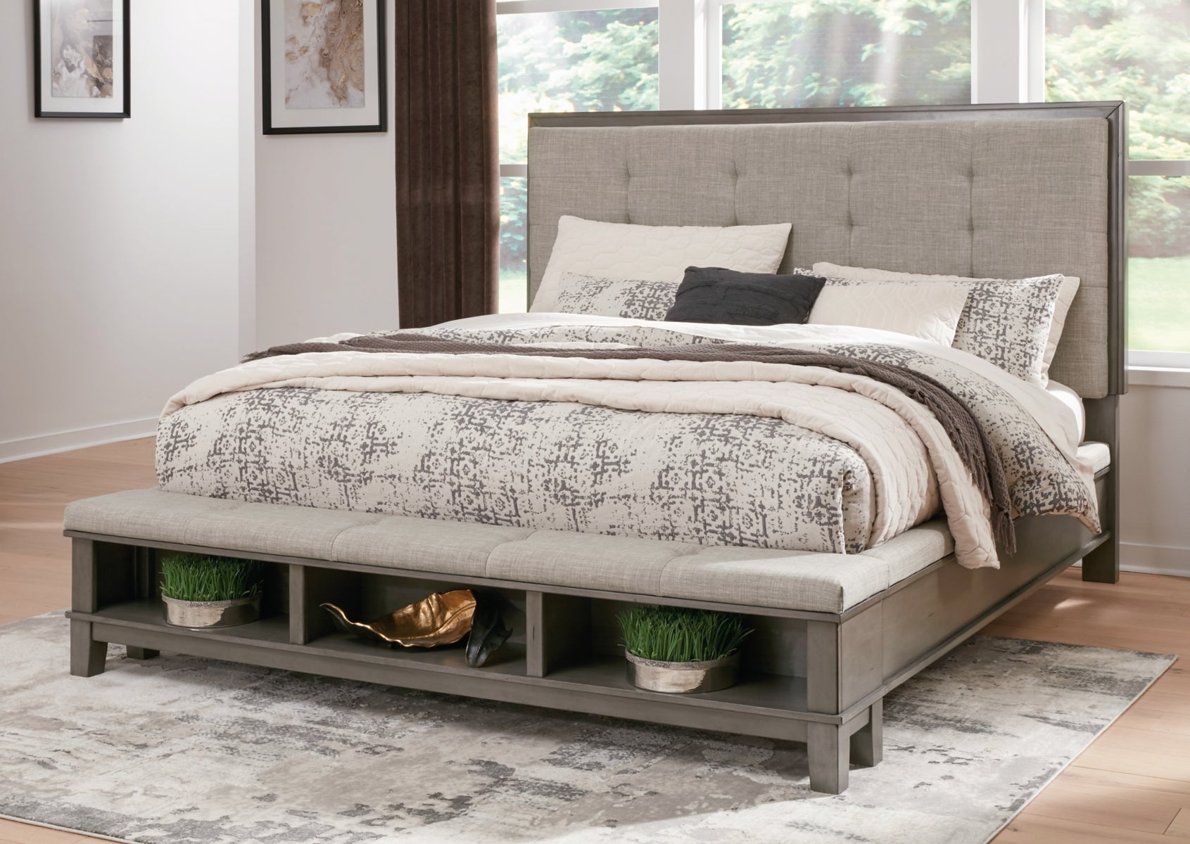 Hallanden King Panel Bed with Storage with Mirrored Dresser, Chest and Nightstand