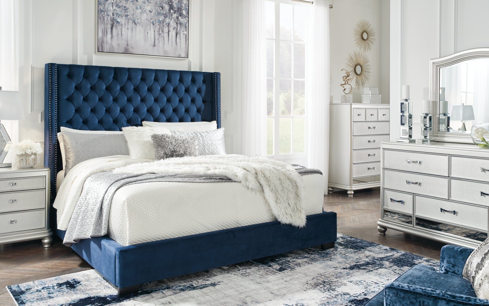 Coralayne Queen Upholstered Bed with Mirrored Dresser and Nightstand