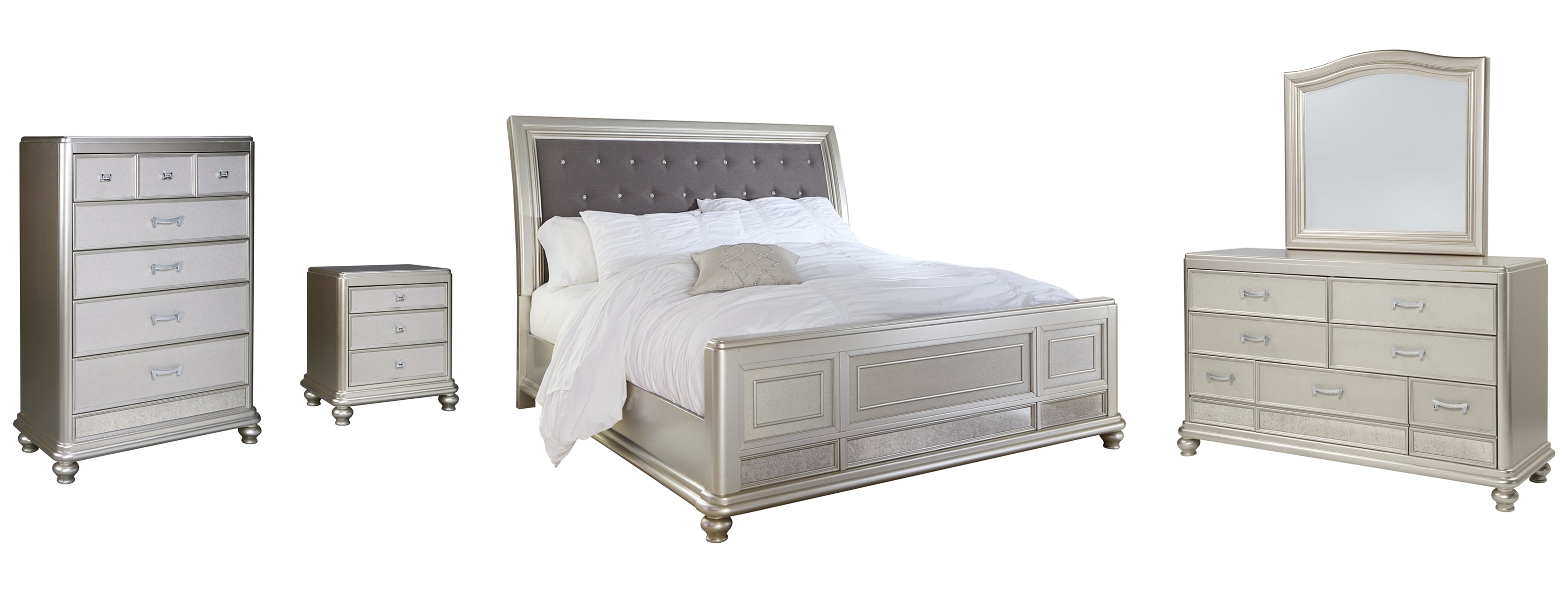 Coralayne King Upholstered Sleigh Bed with Mirrored Dresser, Chest and Nightstand