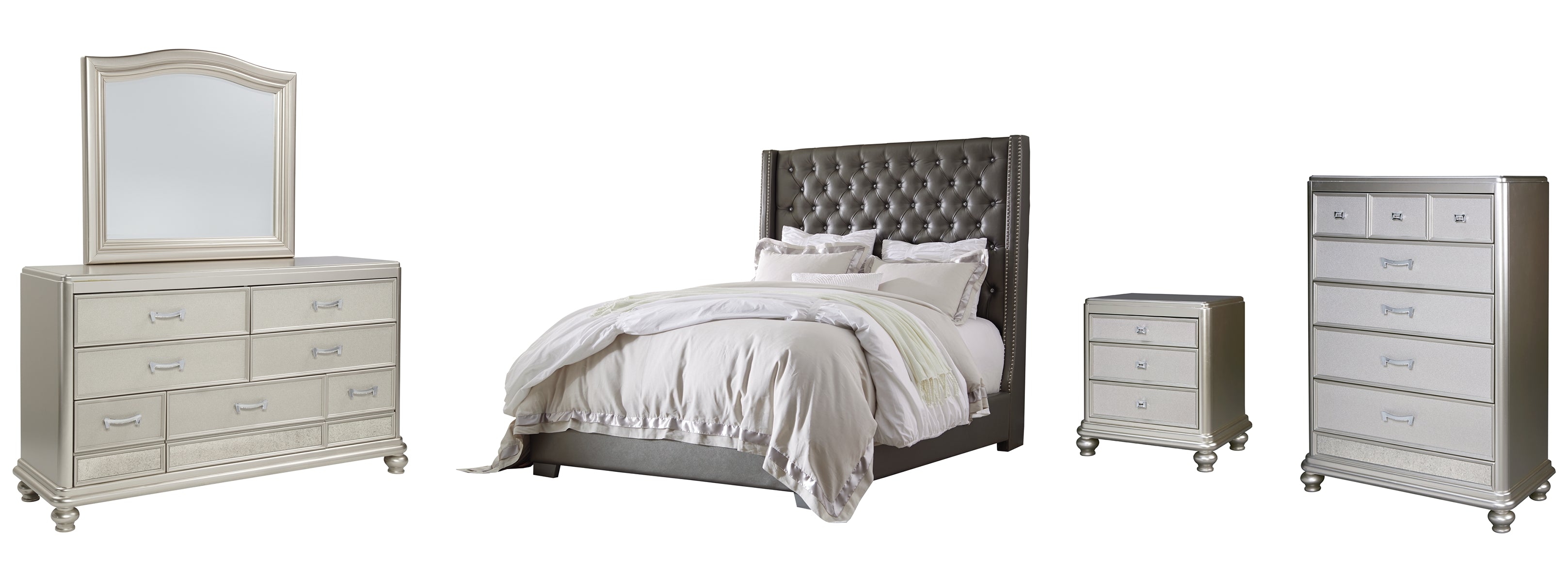 Coralayne Queen Upholstered Bed with Mirrored Dresser, Chest and Nightstand