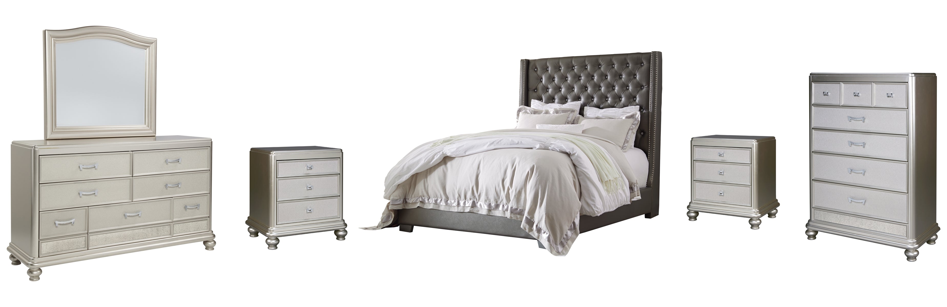 Coralayne King Upholstered Bed with Mirrored Dresser, Chest and 2 Nightstands