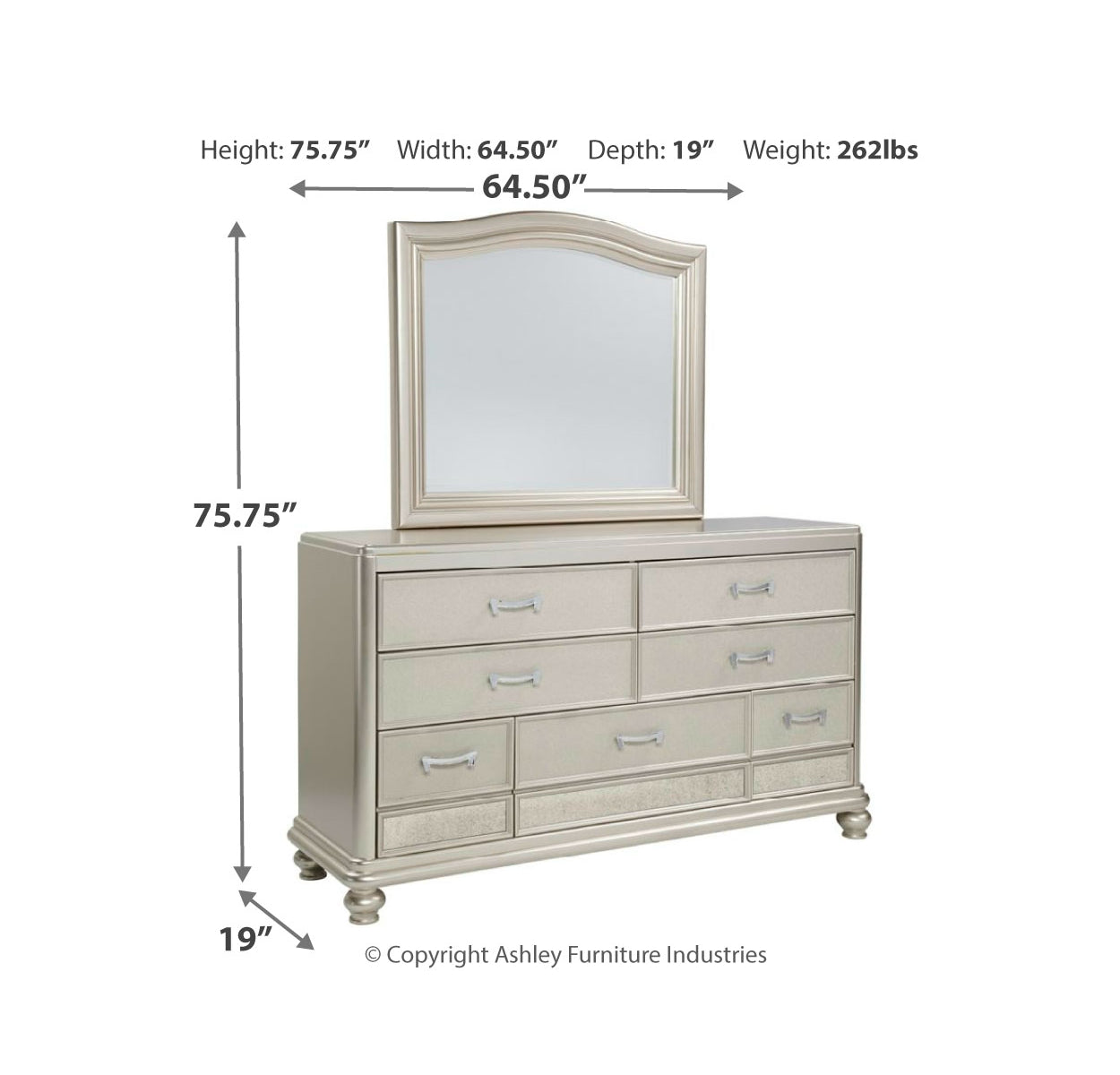 Coralayne Queen Upholstered Bed with Mirrored Dresser, Chest and 2 Nightstands