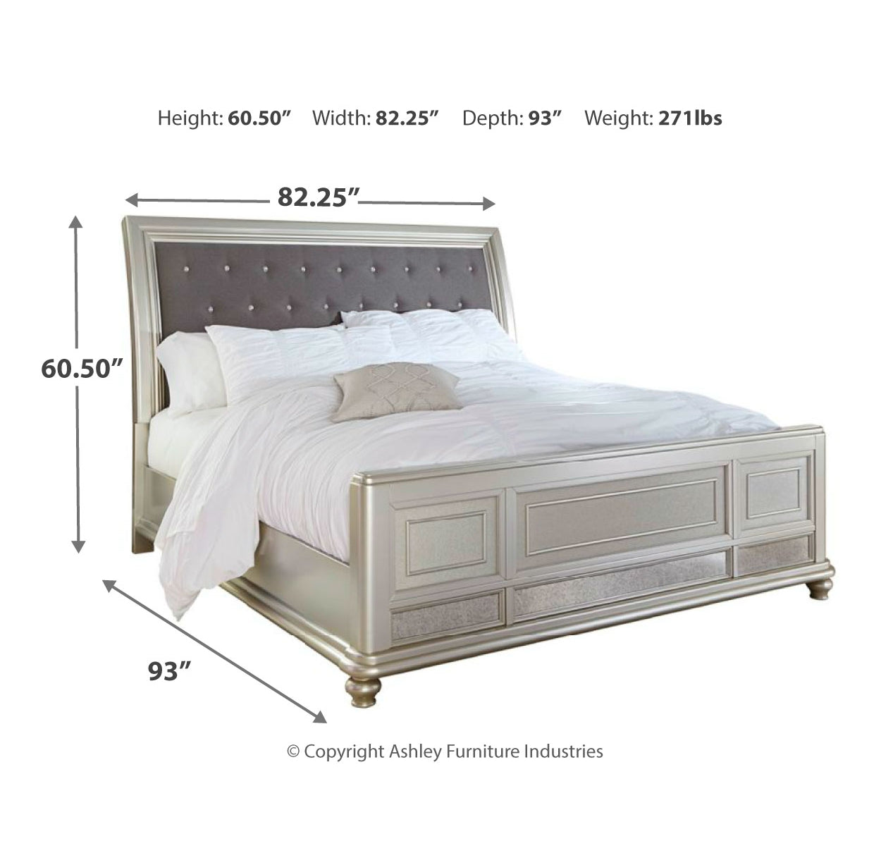 Coralayne King Upholstered Sleigh Bed with Mirrored Dresser, Chest and Nightstand
