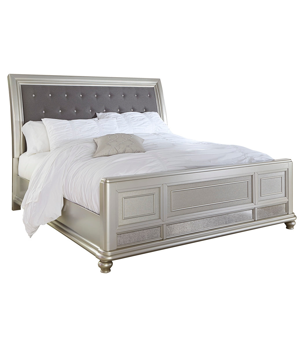 Coralayne King Upholstered Sleigh Bed with Mirrored Dresser, Chest and 2 Nightstands