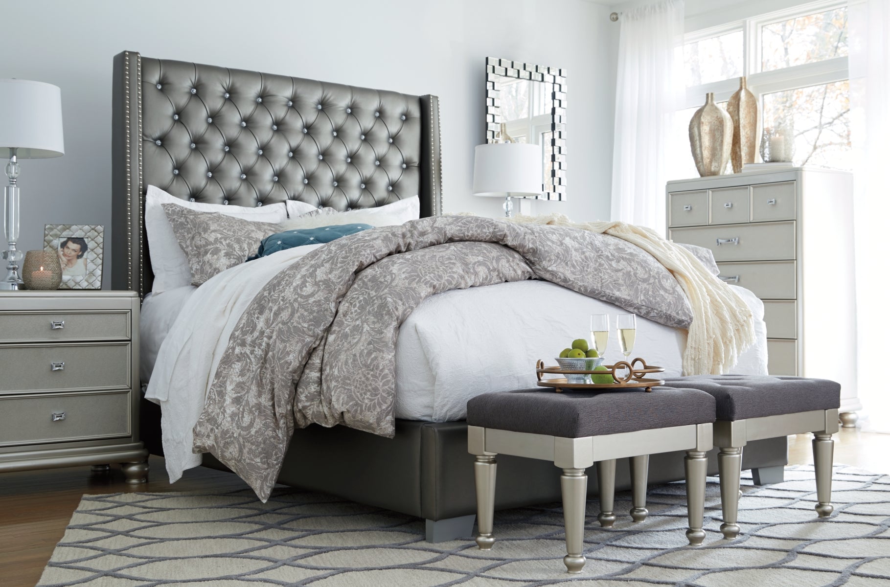 Coralayne Queen Upholstered Bed with Mirrored Dresser and Nightstand