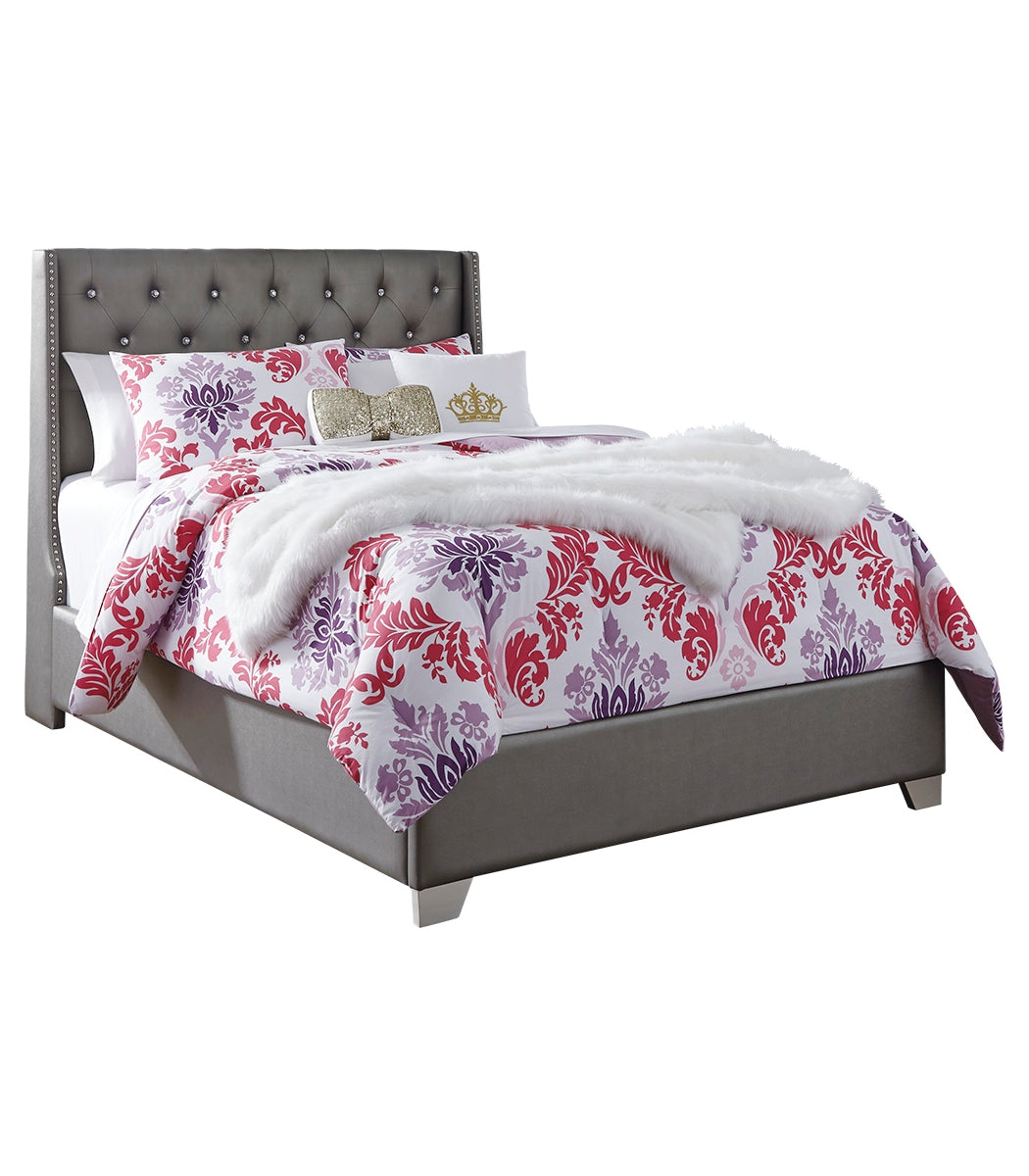 Coralayne Full Upholstered Bed with Mirrored Dresser, Chest and Nightstand