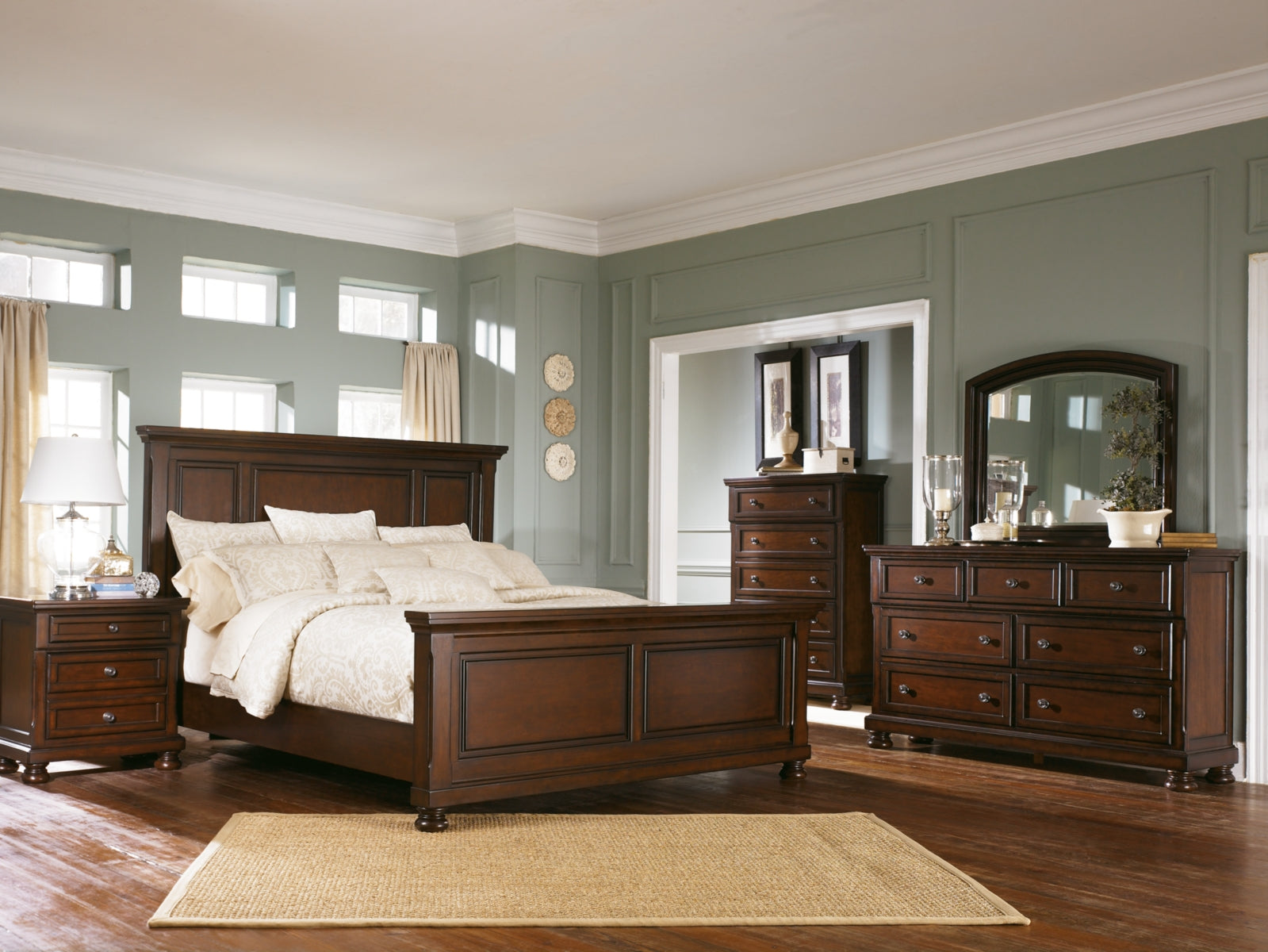 Porter King Panel Bed with Mirrored Dresser and 2 Nightstands