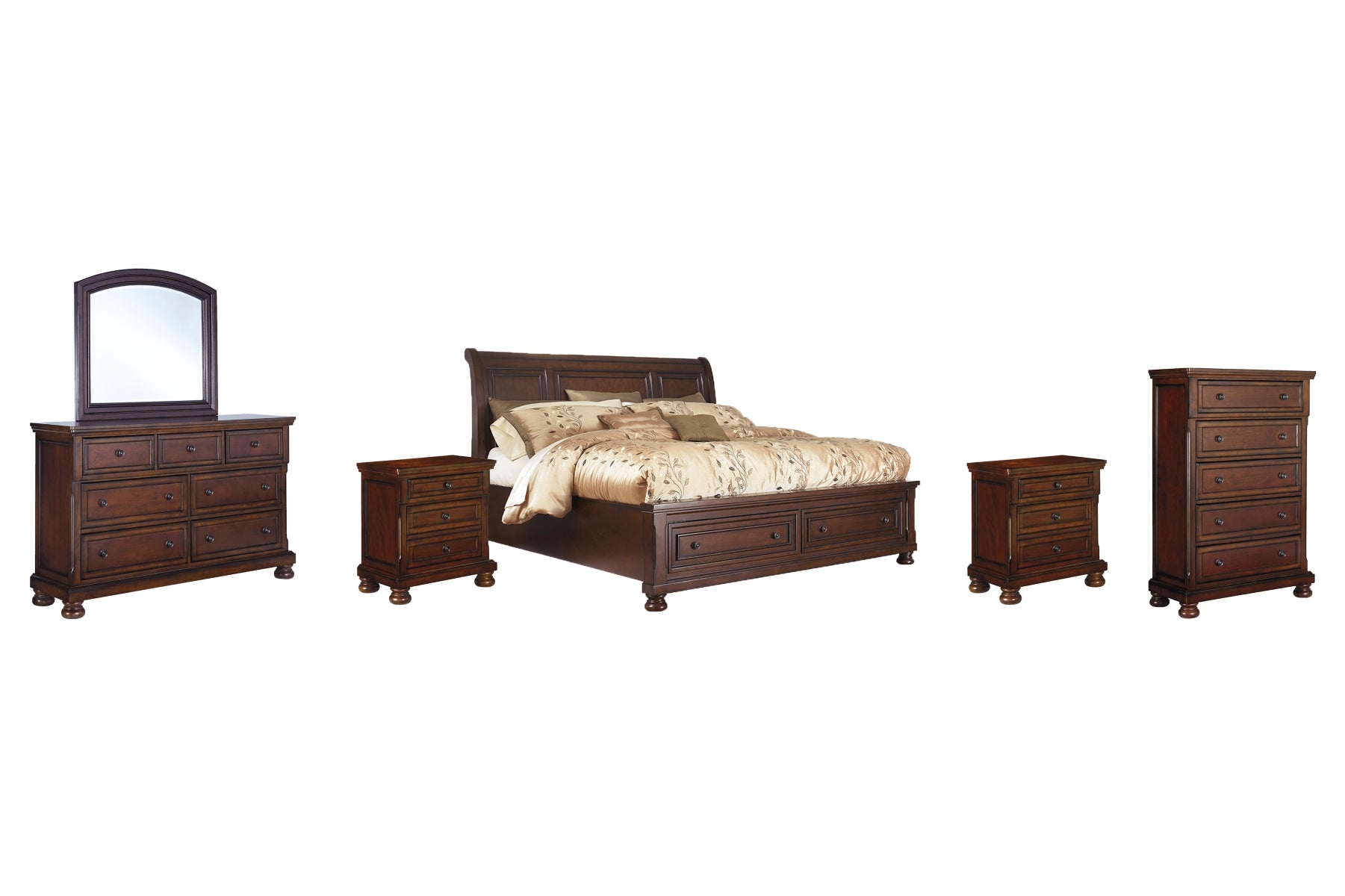 Porter Queen Sleigh Bed with Mirrored Dresser, Chest and 2 Nightstands