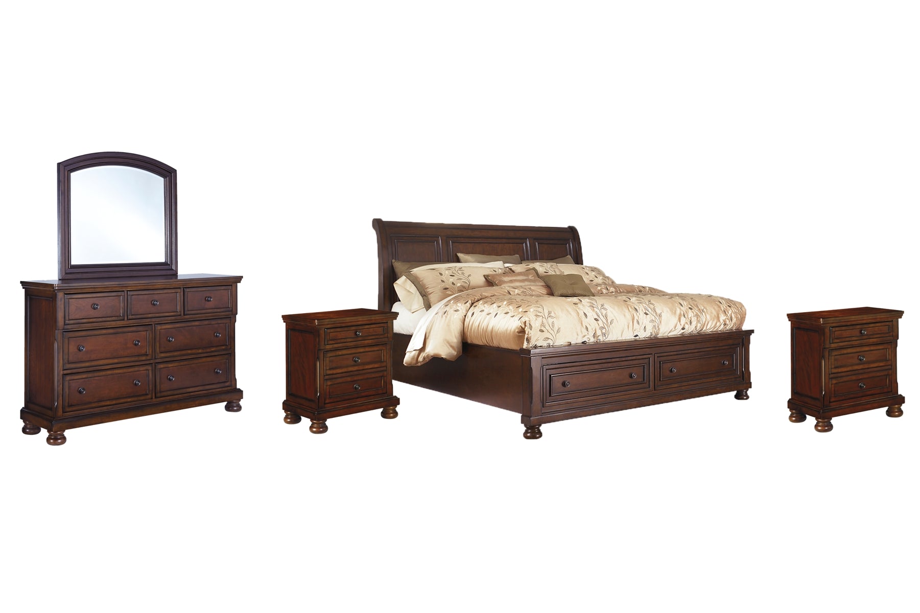Porter King Sleigh Bed with Mirrored Dresser and 2 Nightstands