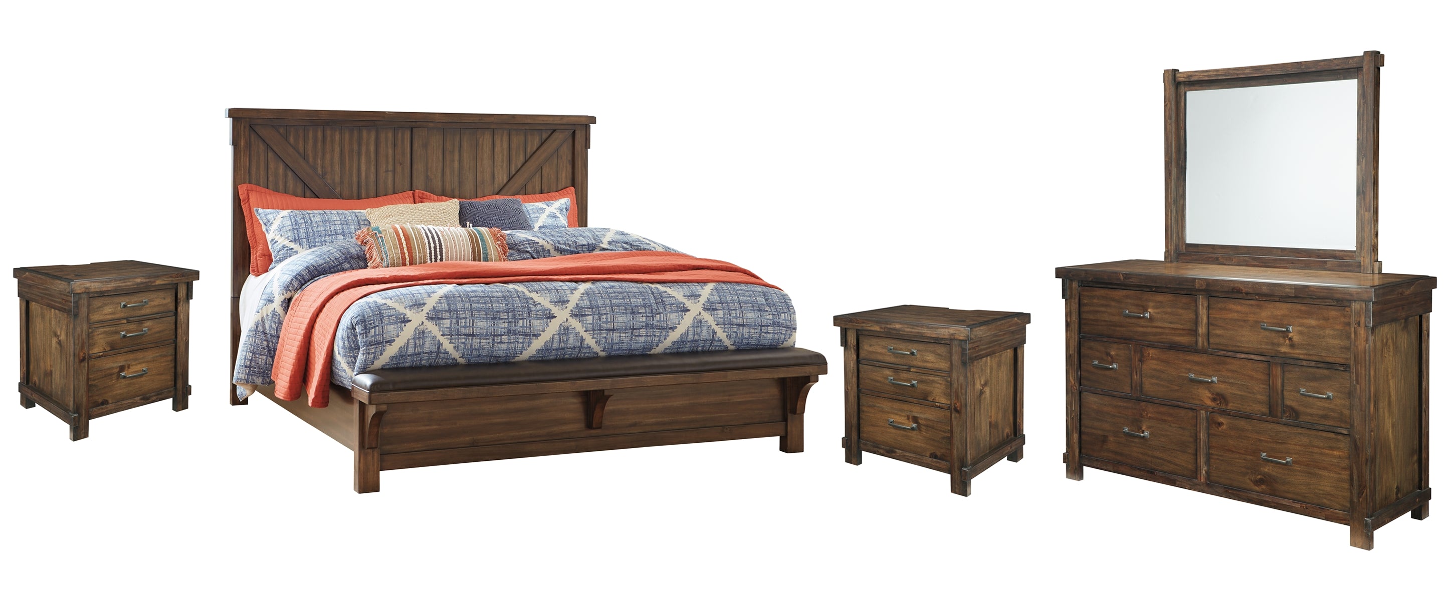 Lakeleigh Queen Panel Bed with Upholstered Bench with Mirrored Dresser and 2 Nightstands