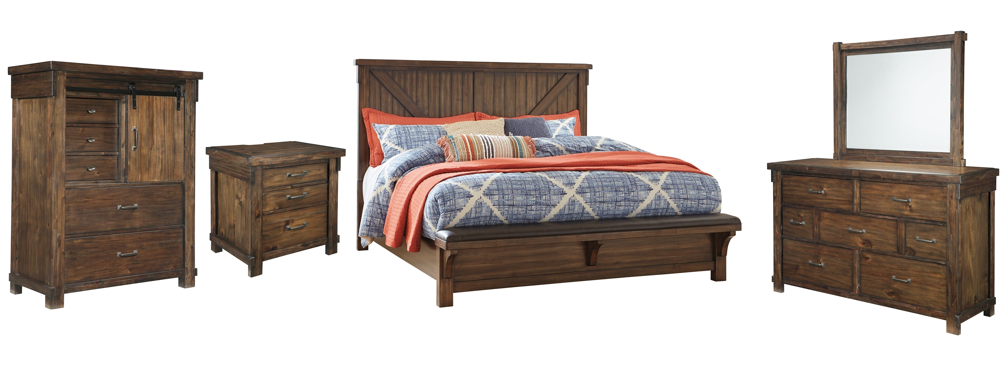 Lakeleigh Queen Panel Bed with Upholstered Bench with Mirrored Dresser, Chest and Nightstand