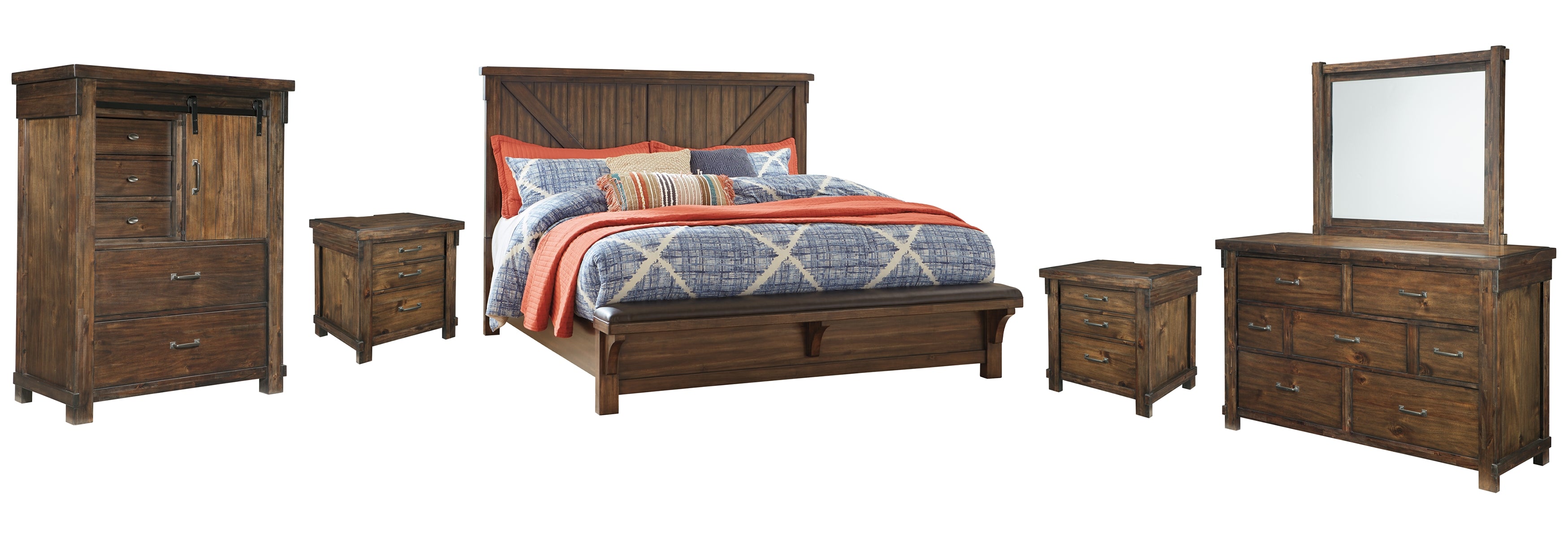 Lakeleigh Califorina King Panel Bed with Upholstered Bench with Mirrored Dresser, Chest and 2 Nightstands