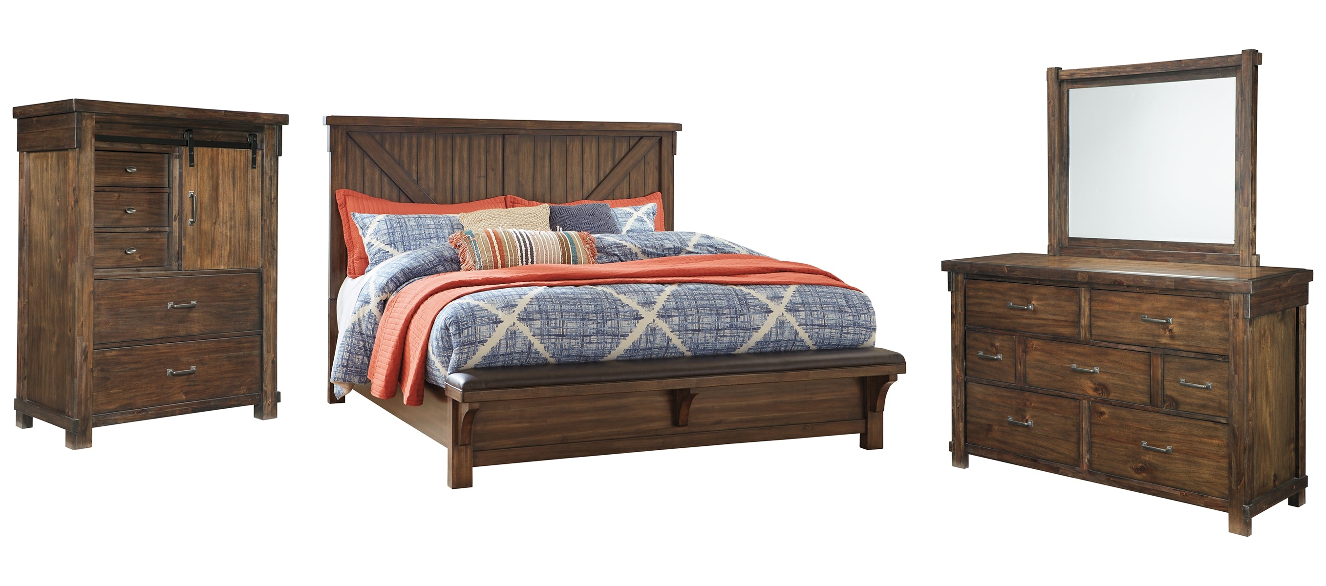 Lakeleigh Califorina King Panel Bed with Upholstered Bench with Mirrored Dresser and Chest