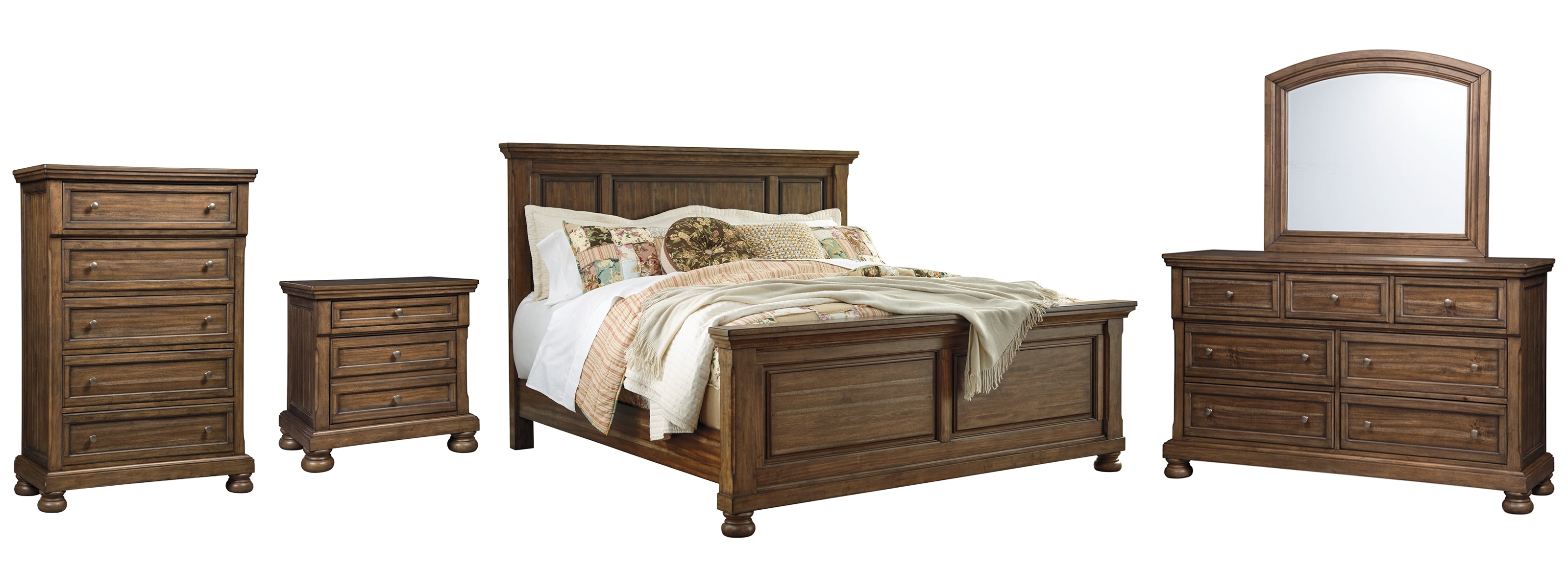 Flynnter Queen Panel Bed with Mirrored Dresser, Chest and Nightstand