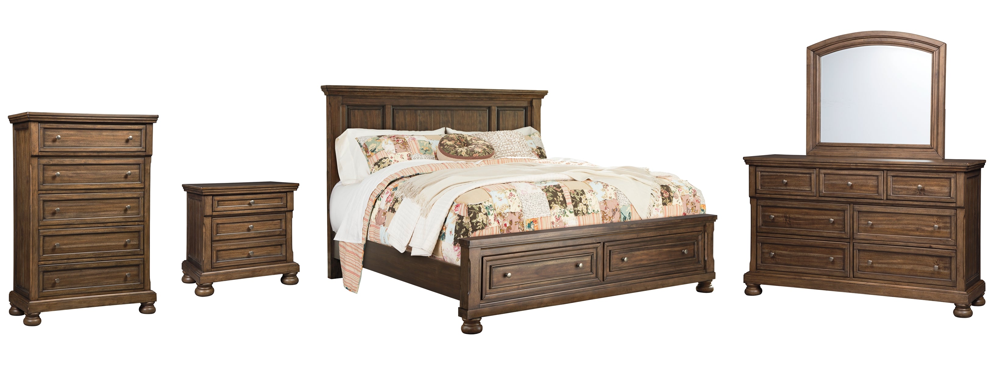 Flynnter Queen Panel Bed with 2 Storage Drawers with Mirrored Dresser, Chest and Nightstand