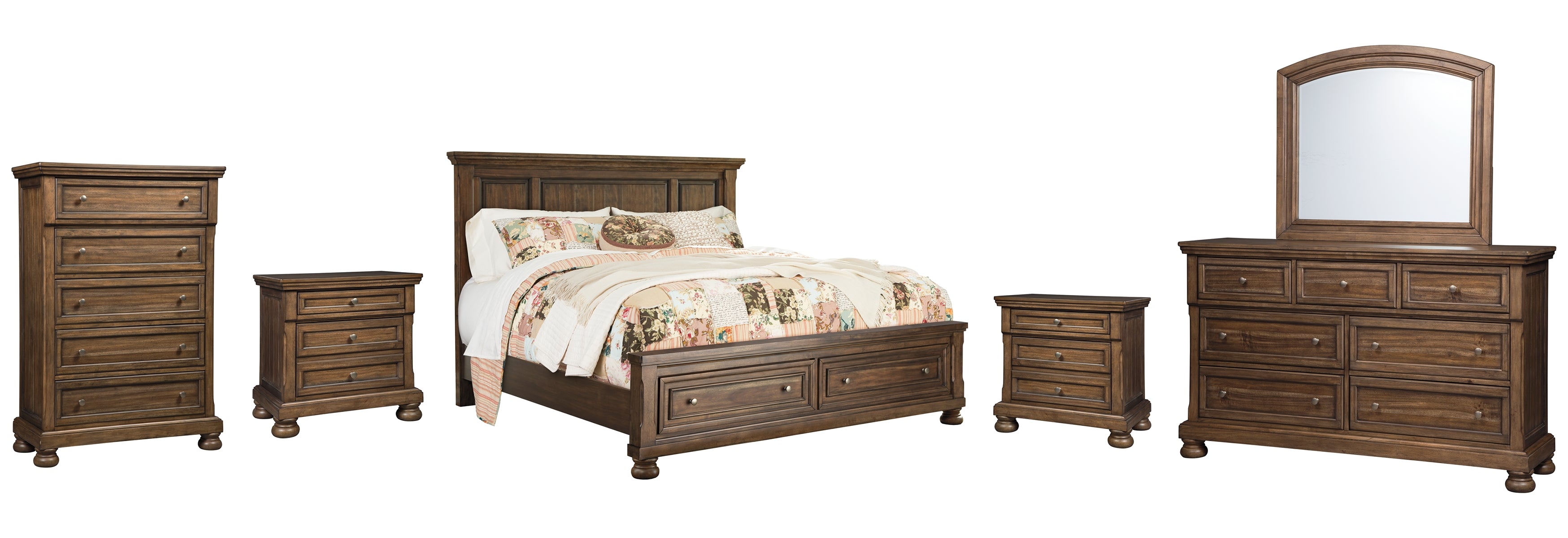 Flynnter Queen Panel Bed with 2 Storage Drawers with Mirrored Dresser, Chest and 2 Nightstands