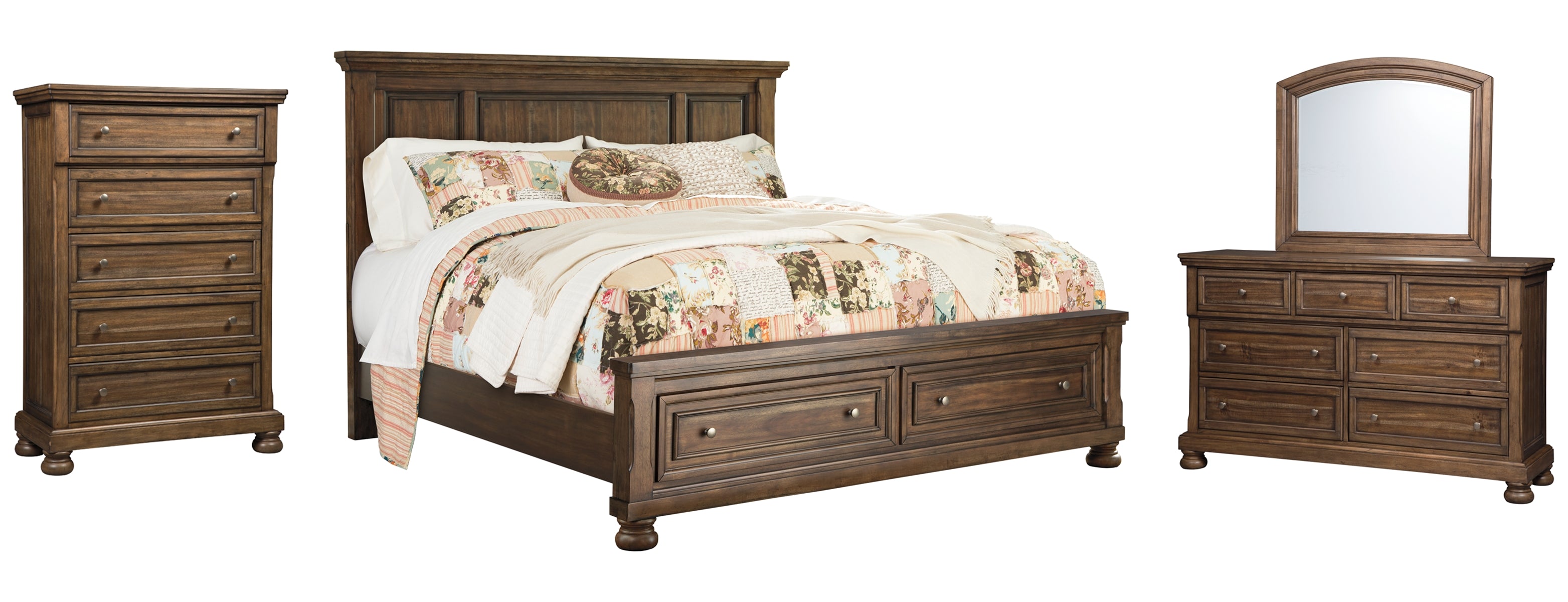 Flynnter Queen Panel Bed with 2 Storage Drawers with Mirrored Dresser and Chest