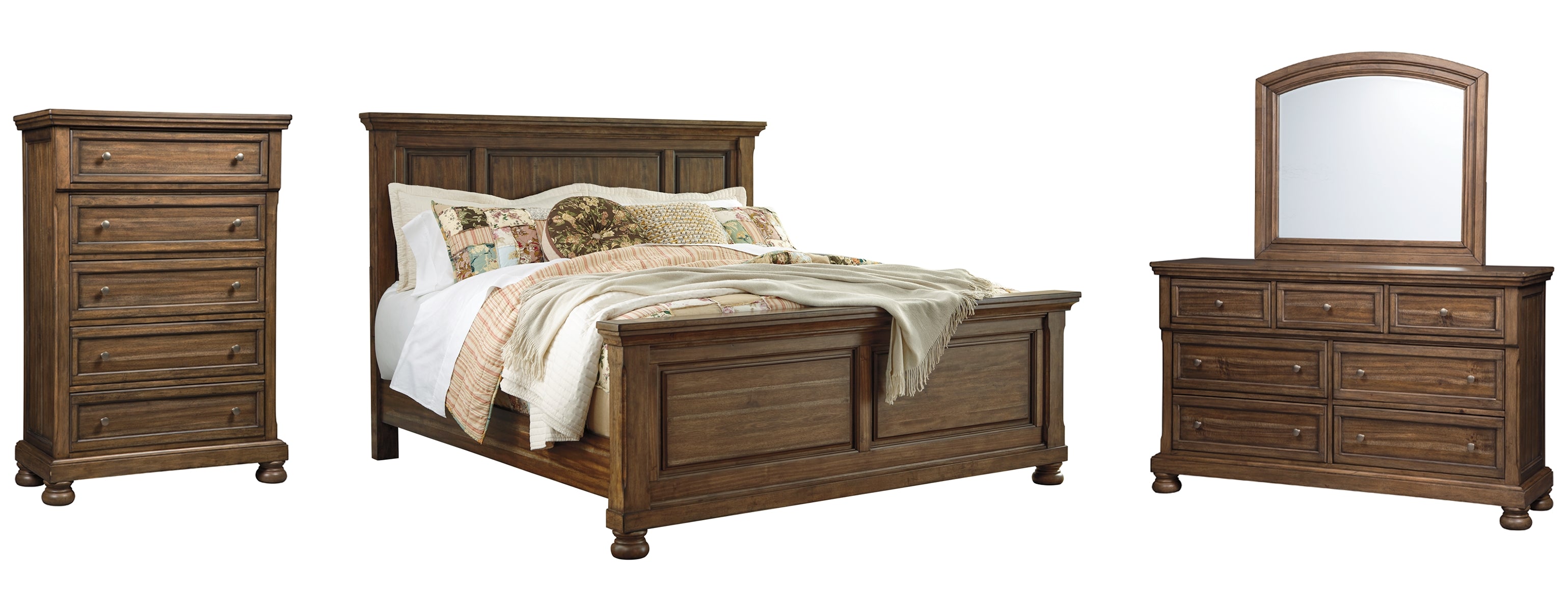Flynnter King Panel Bed with Mirrored Dresser and Chest