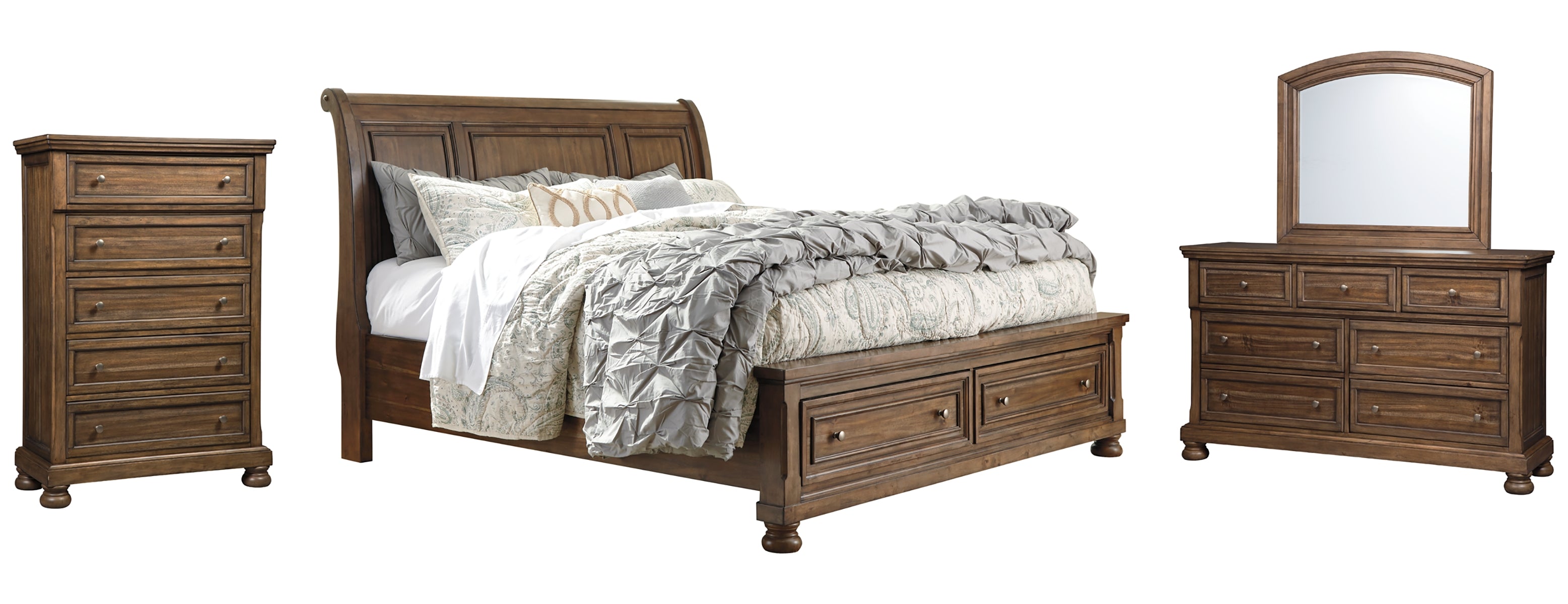 Flynnter Queen Sleigh Bed with 2 Storage Drawers with Mirrored Dresser and Chest