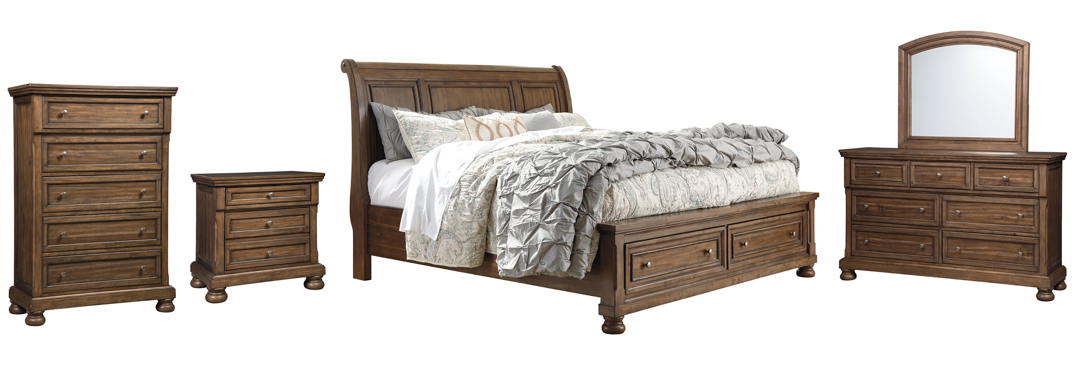 Flynnter King Sleigh Bed with 2 Storage Drawers with Mirrored Dresser, Chest and Nightstand