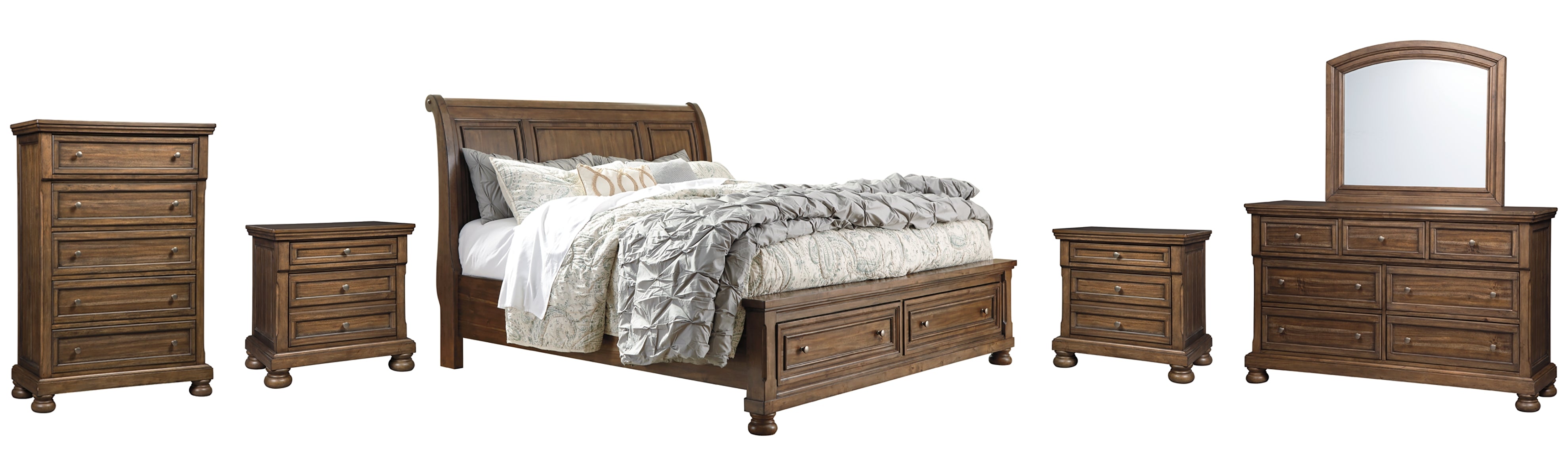 Flynnter King Sleigh Bed with 2 Storage Drawers with Mirrored Dresser, Chest and 2 Nightstands