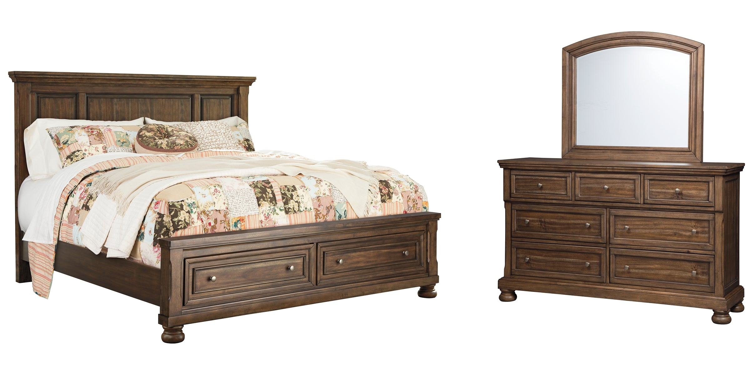Flynnter King Panel Bed with 2 Storage Drawers with Mirrored Dresser