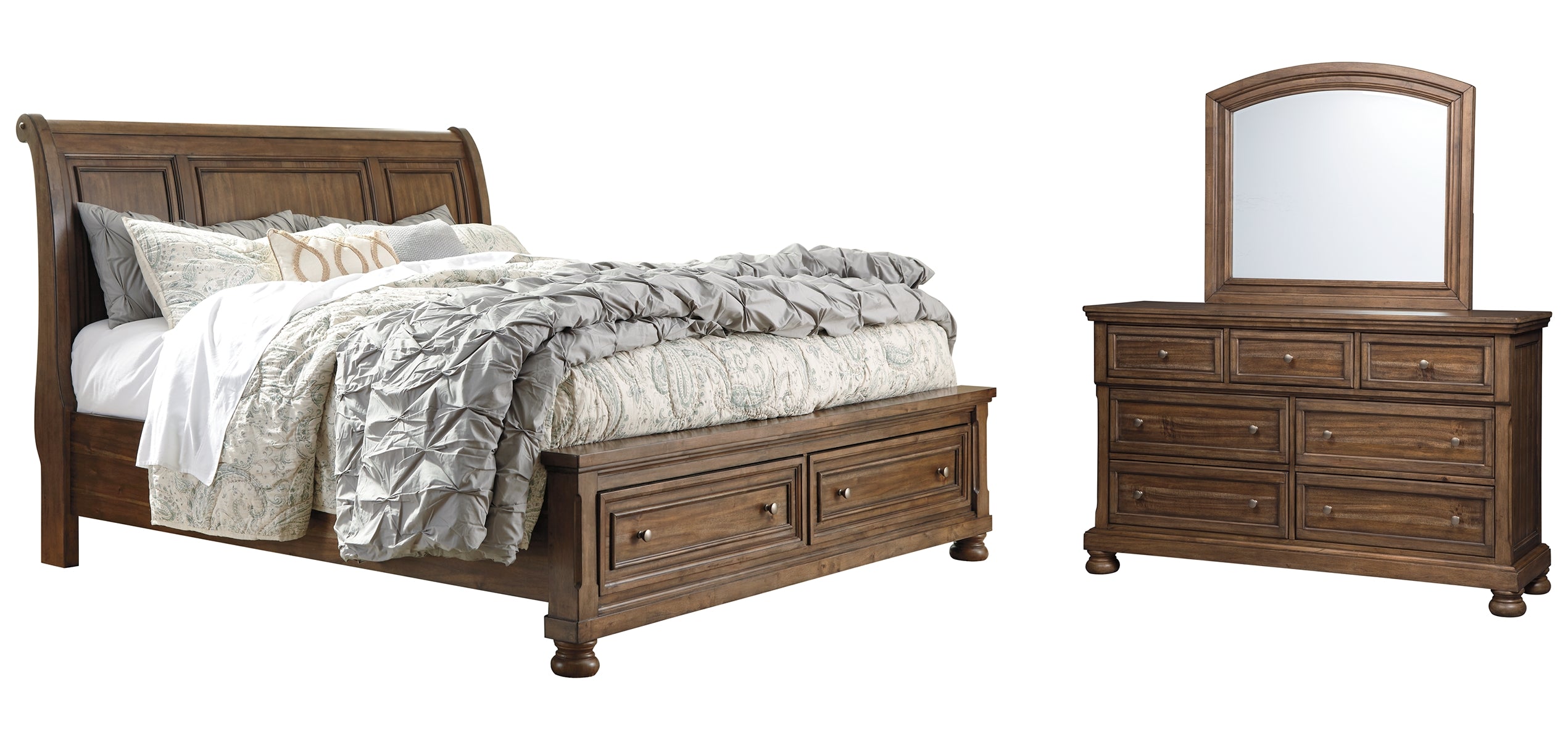Flynnter King Sleigh Bed with 2 Storage Drawers with Mirrored Dresser