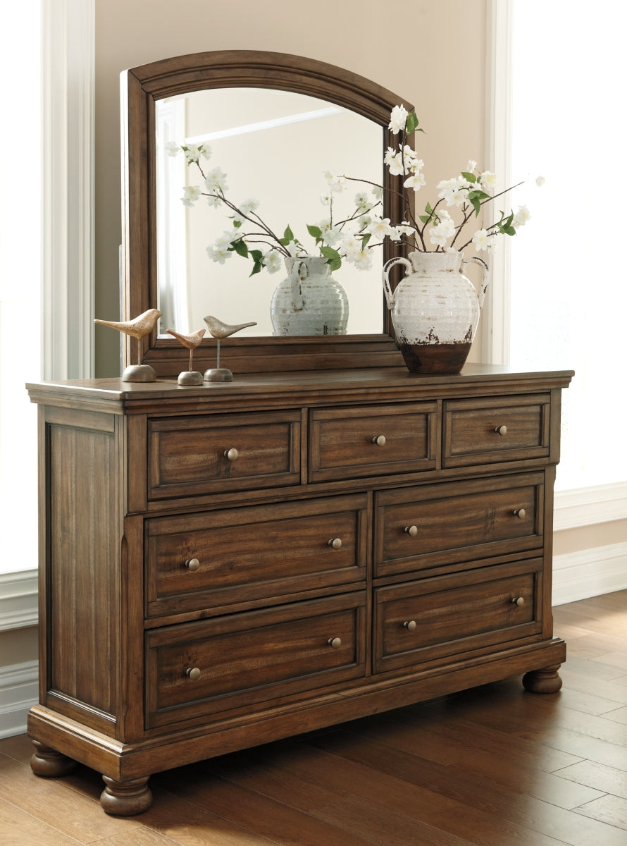 Flynnter King Panel Bed with 2 Storage Drawers with Mirrored Dresser, Chest and 2 Nightstands