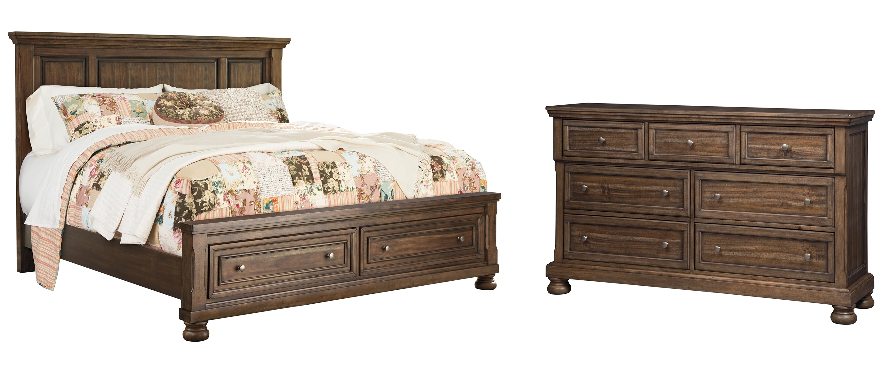 Flynnter King Panel Bed with 2 Storage Drawers with Dresser