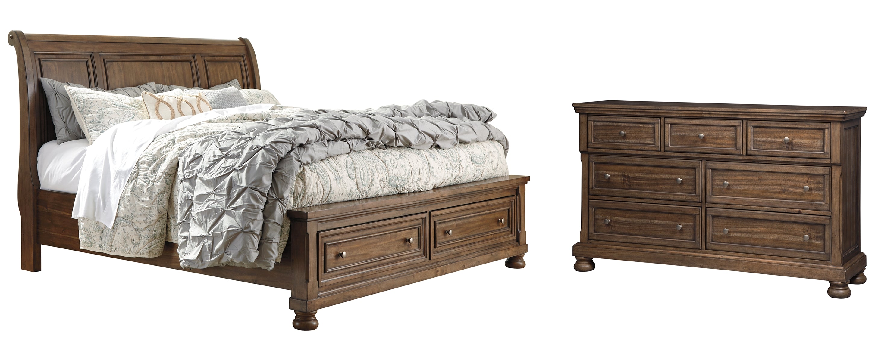 Flynnter King Sleigh Bed with 2 Storage Drawers with Dresser