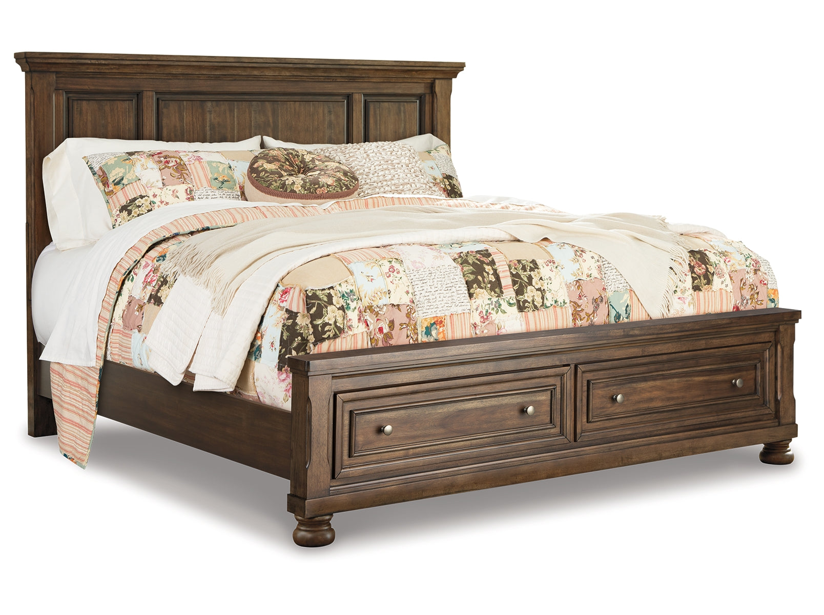 Flynnter Queen Panel Bed with 2 Storage Drawers with Mirrored Dresser and 2 Nightstands