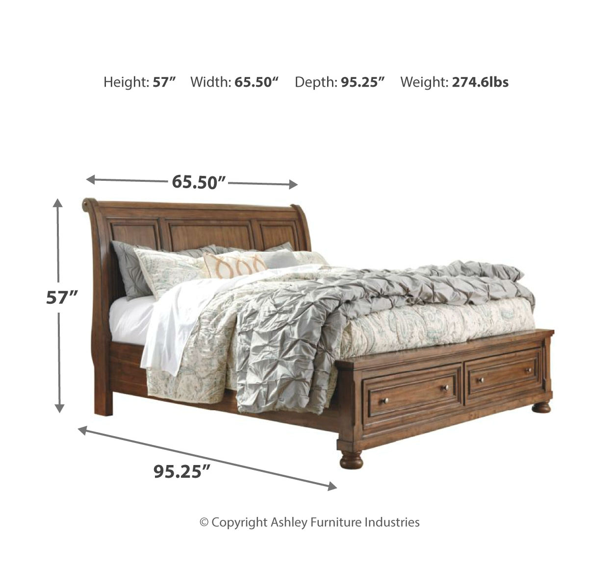 Flynnter Queen Sleigh Bed with 2 Storage Drawers with Mirrored Dresser, Chest and Nightstand