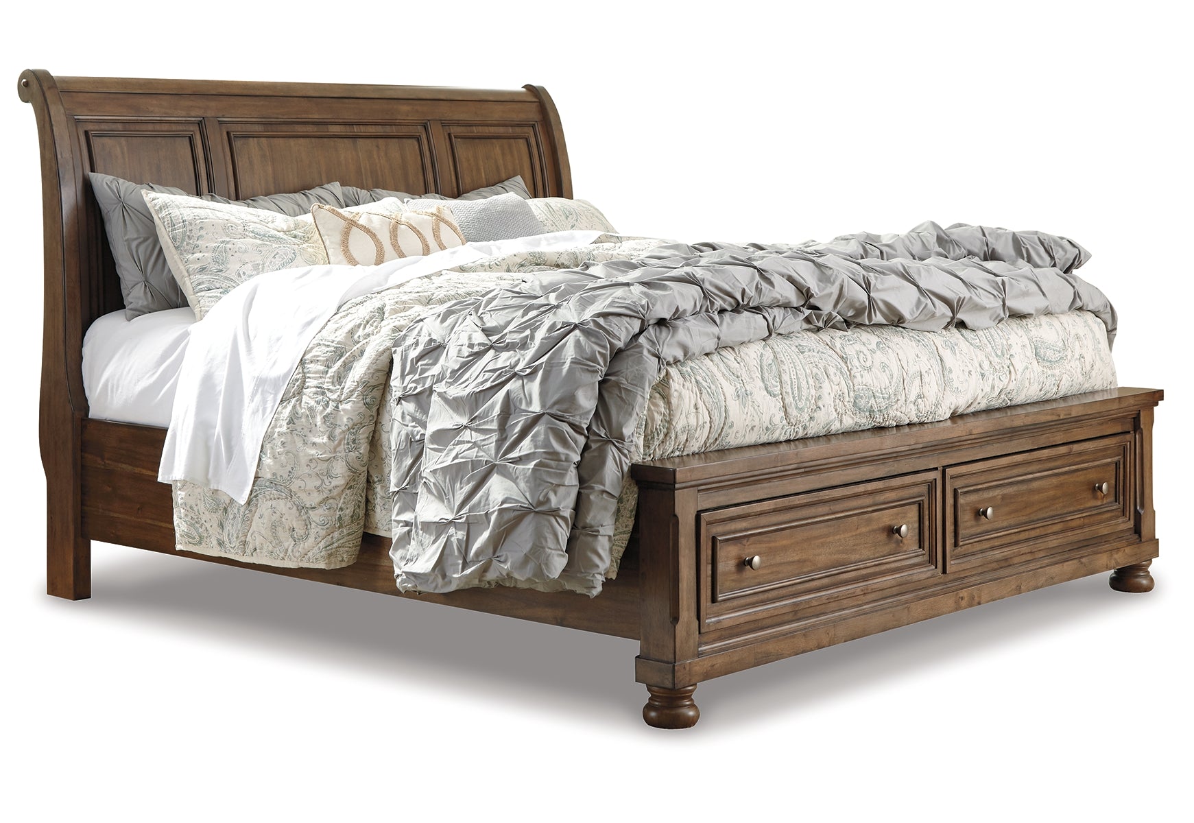 Flynnter King Sleigh Bed with 2 Storage Drawers with Mirrored Dresser