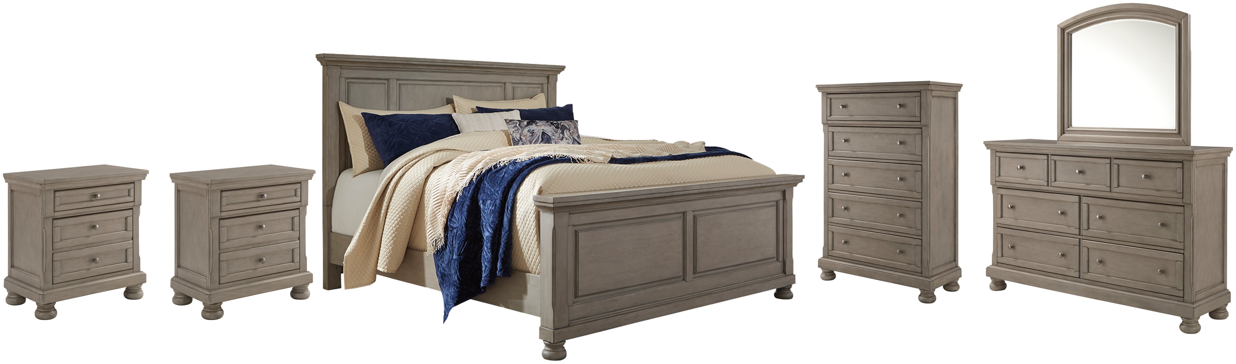 Lettner Queen Panel Bed with Mirrored Dresser, Chest and 2 Nightstands
