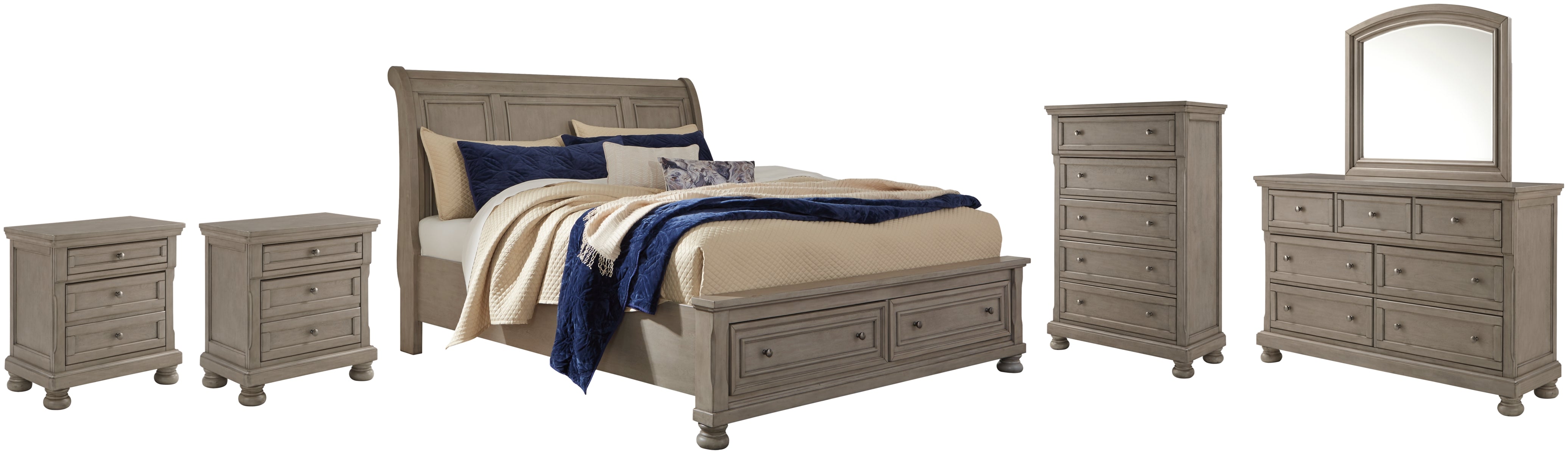 Lettner King Sleigh Bed with 2 Storage Drawers with Mirrored Dresser, Chest and 2 Nightstands
