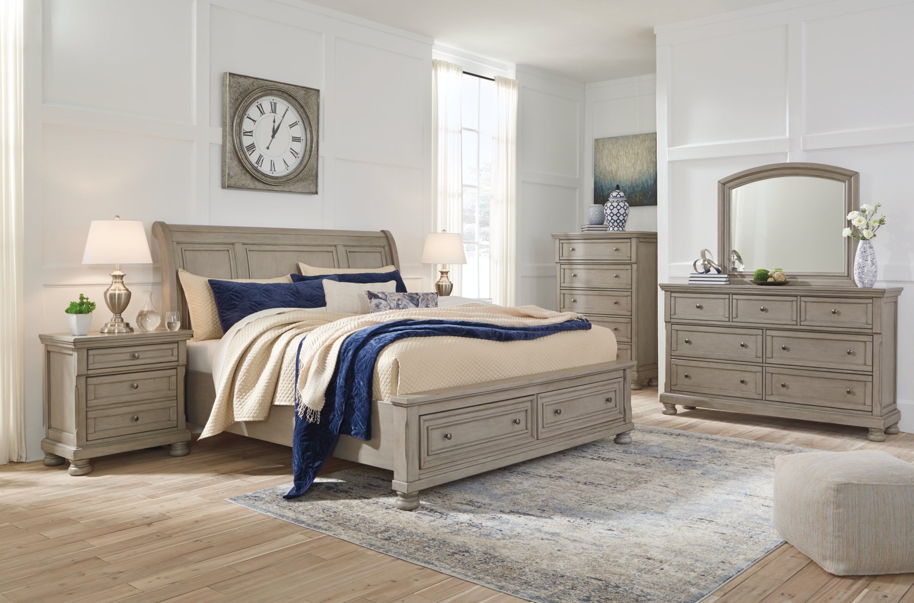 Lettner California King Sleigh Bed with Mirrored Dresser, Chest and 2 Nightstands