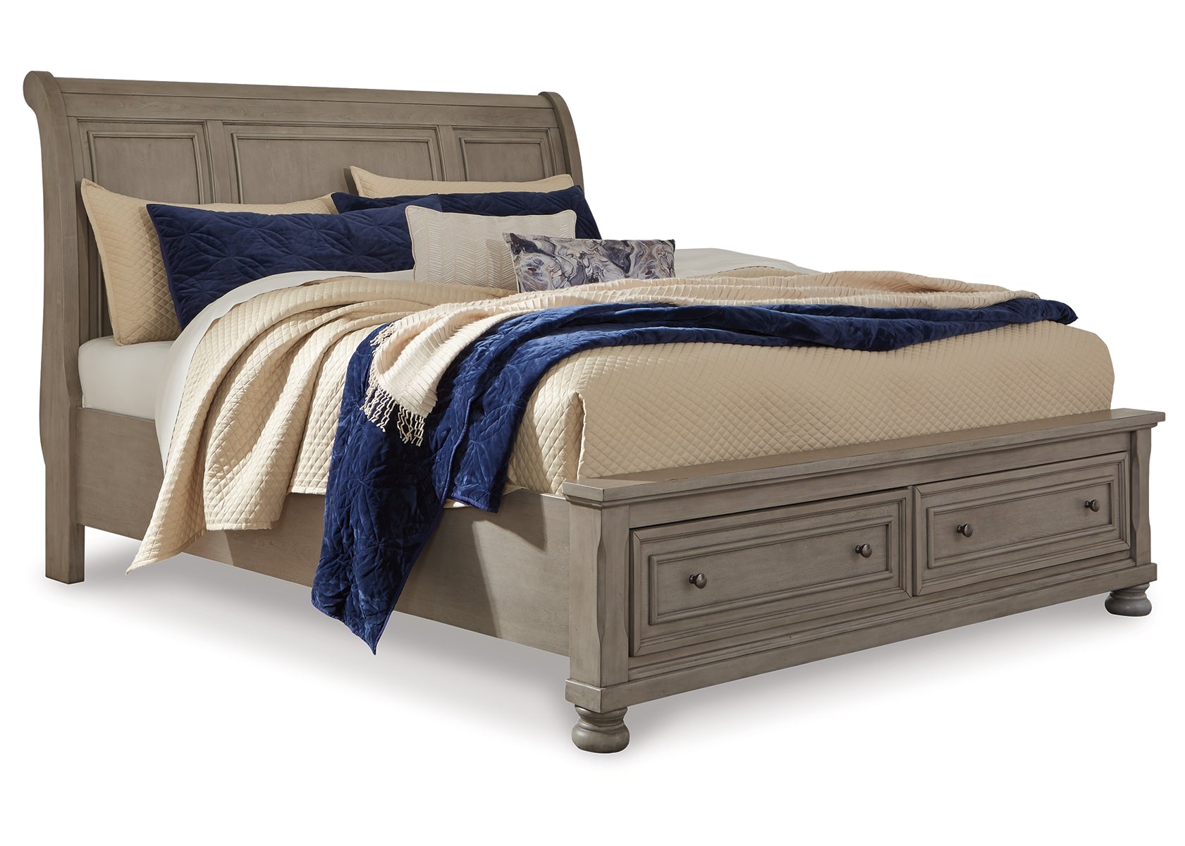 Lettner Queen Sleigh Bed with 2 Storage Drawers with Mirrored Dresser