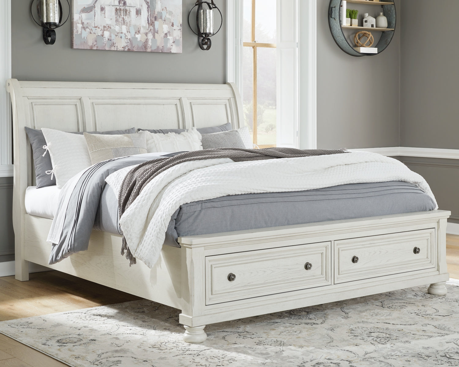 Robbinsdale Queen Sleigh Bed with Storage with Mirrored Dresser, Chest and 2 Nightstands