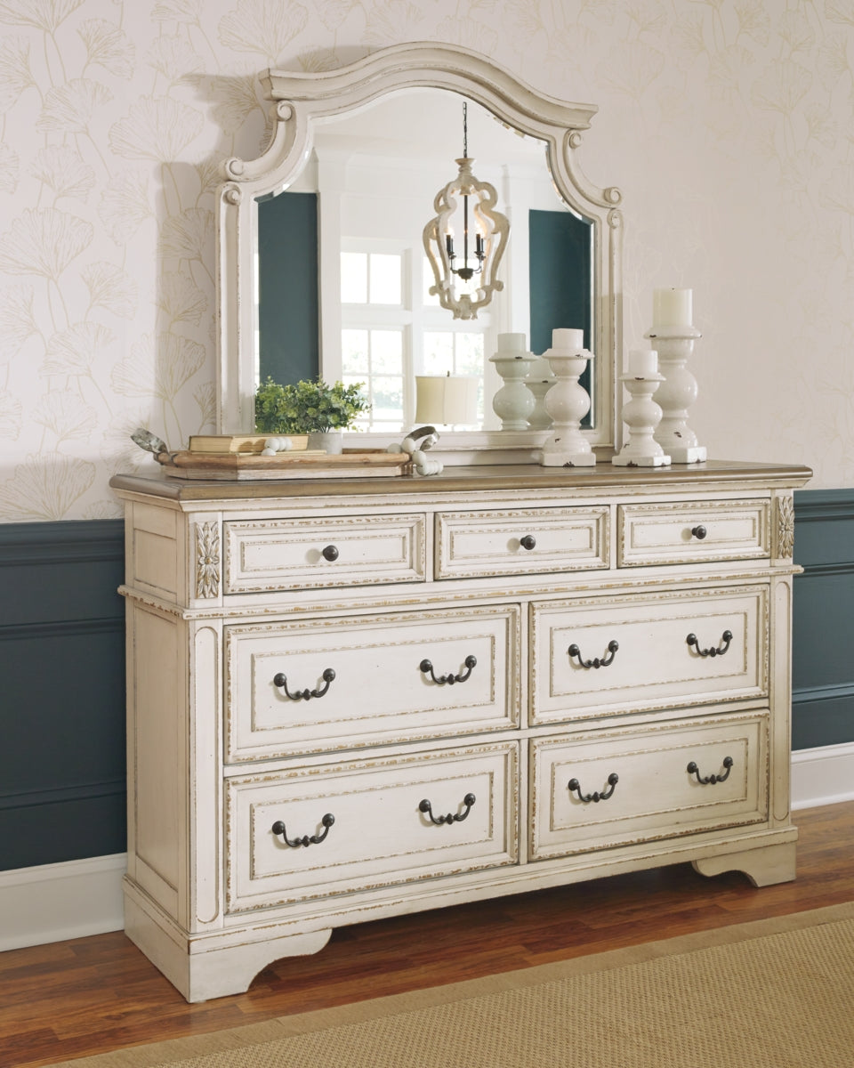 Realyn Queen Upholstered Panel Bed with Mirrored Dresser and Nightstand