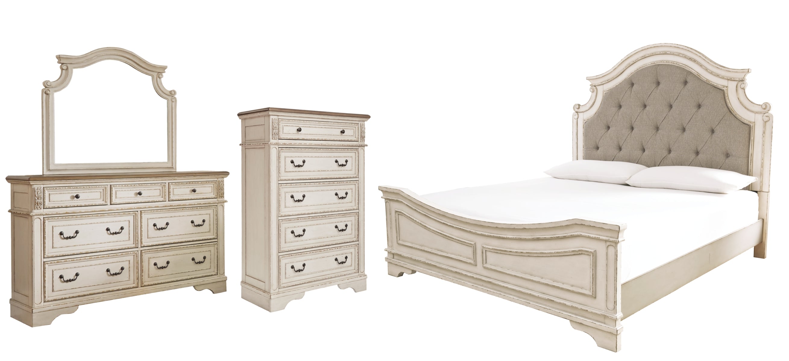 Realyn King Upholstered Panel Bed with Mirrored Dresser and Chest