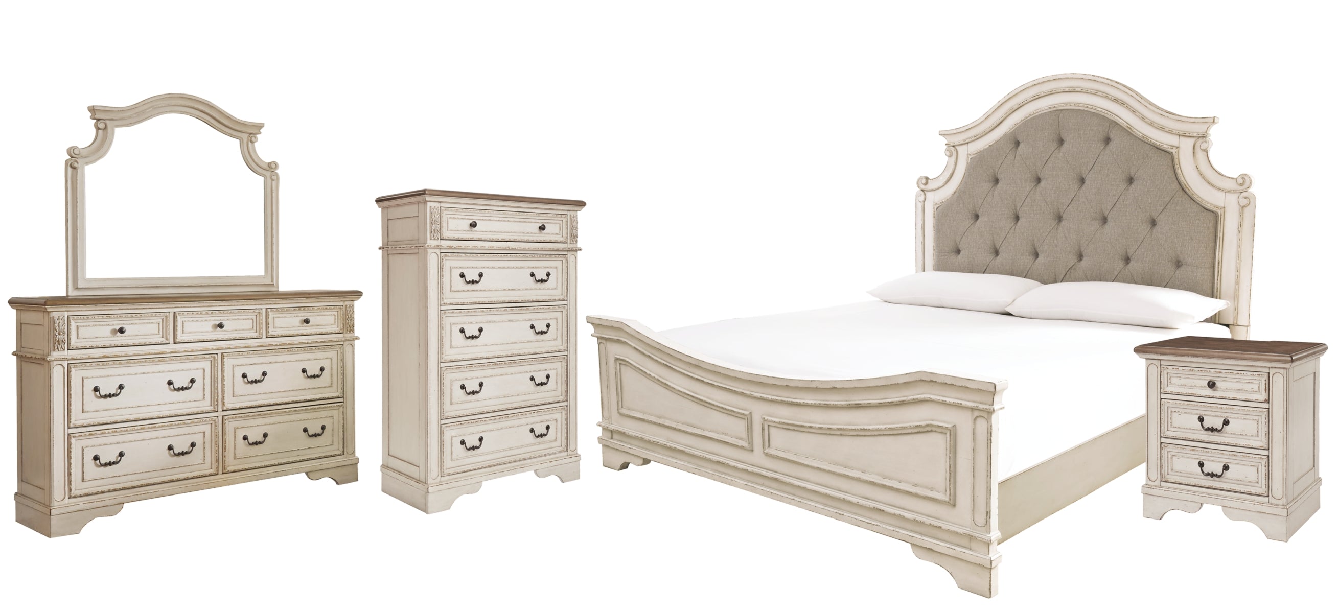 Realyn King Upholstered Panel Bed with Mirrored Dresser, Chest and Nightstand