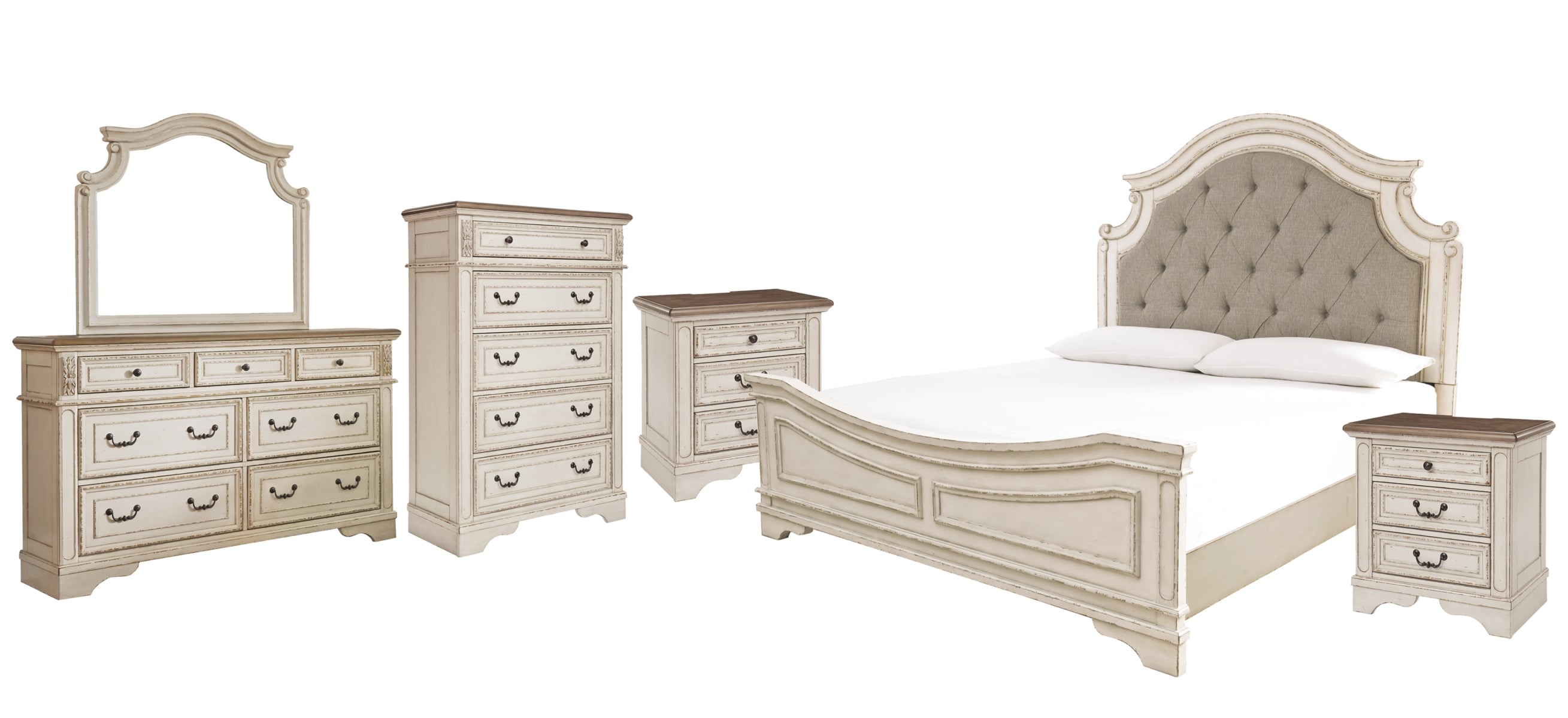 Realyn King Upholstered Panel Bed with Mirrored Dresser, Chest and 2 Nightstands
