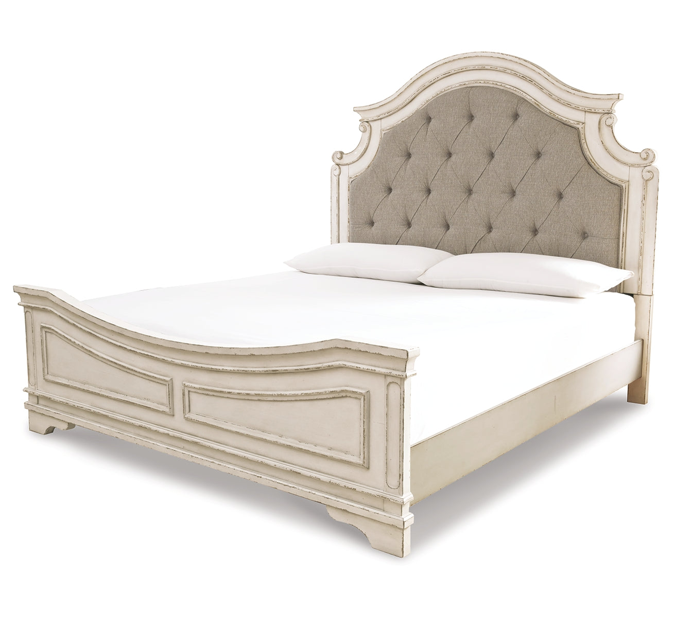Realyn Queen Upholstered Panel Bed with Mirrored Dresser and Nightstand