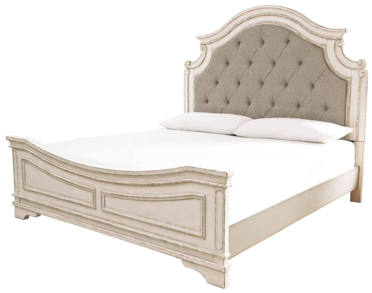 Realyn Queen Upholstered Panel Bed with Mirrored Dresser, Chest and 2 Nightstands